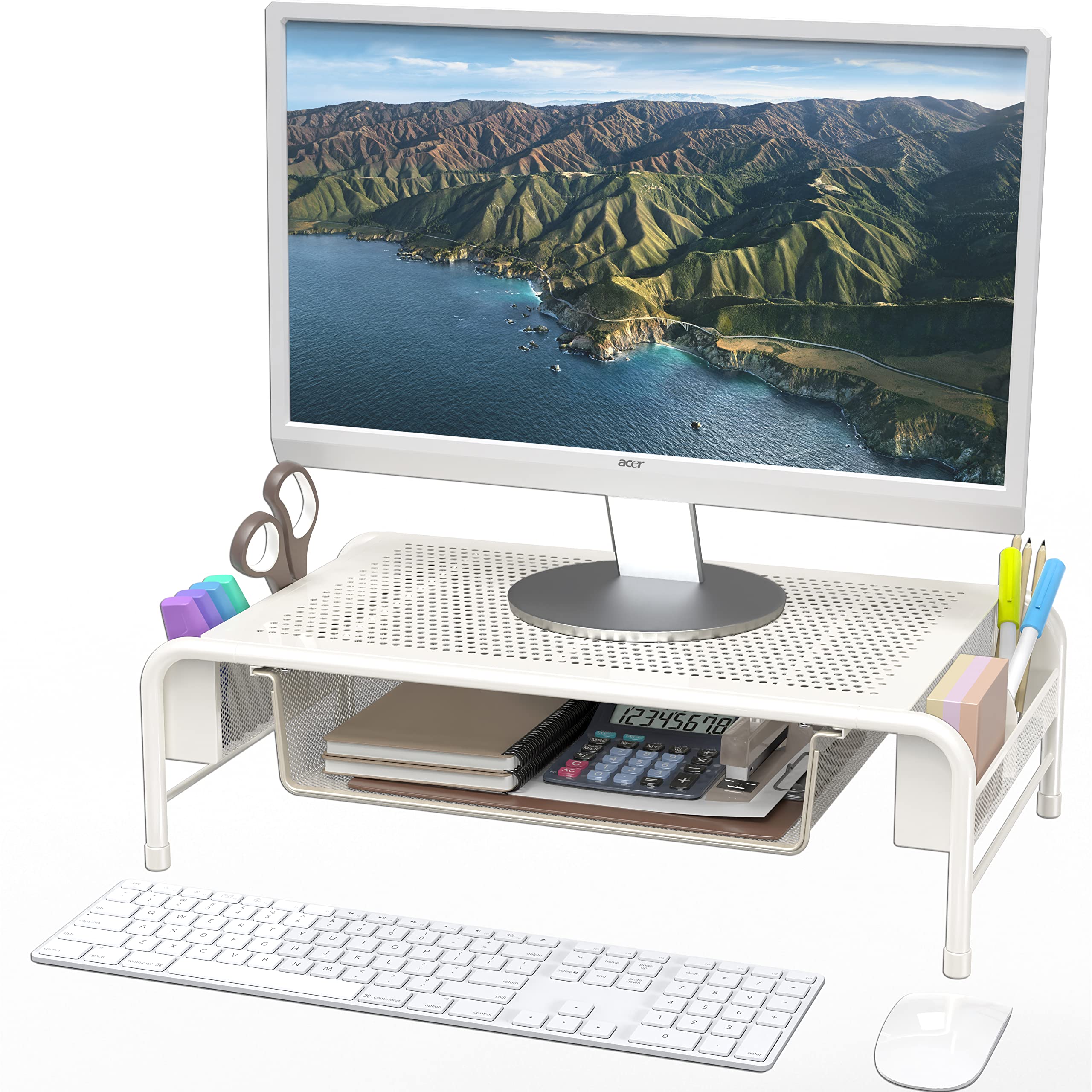 Simple Houseware Metal Desk Monitor Stand Riser With Organizer Drawer, White