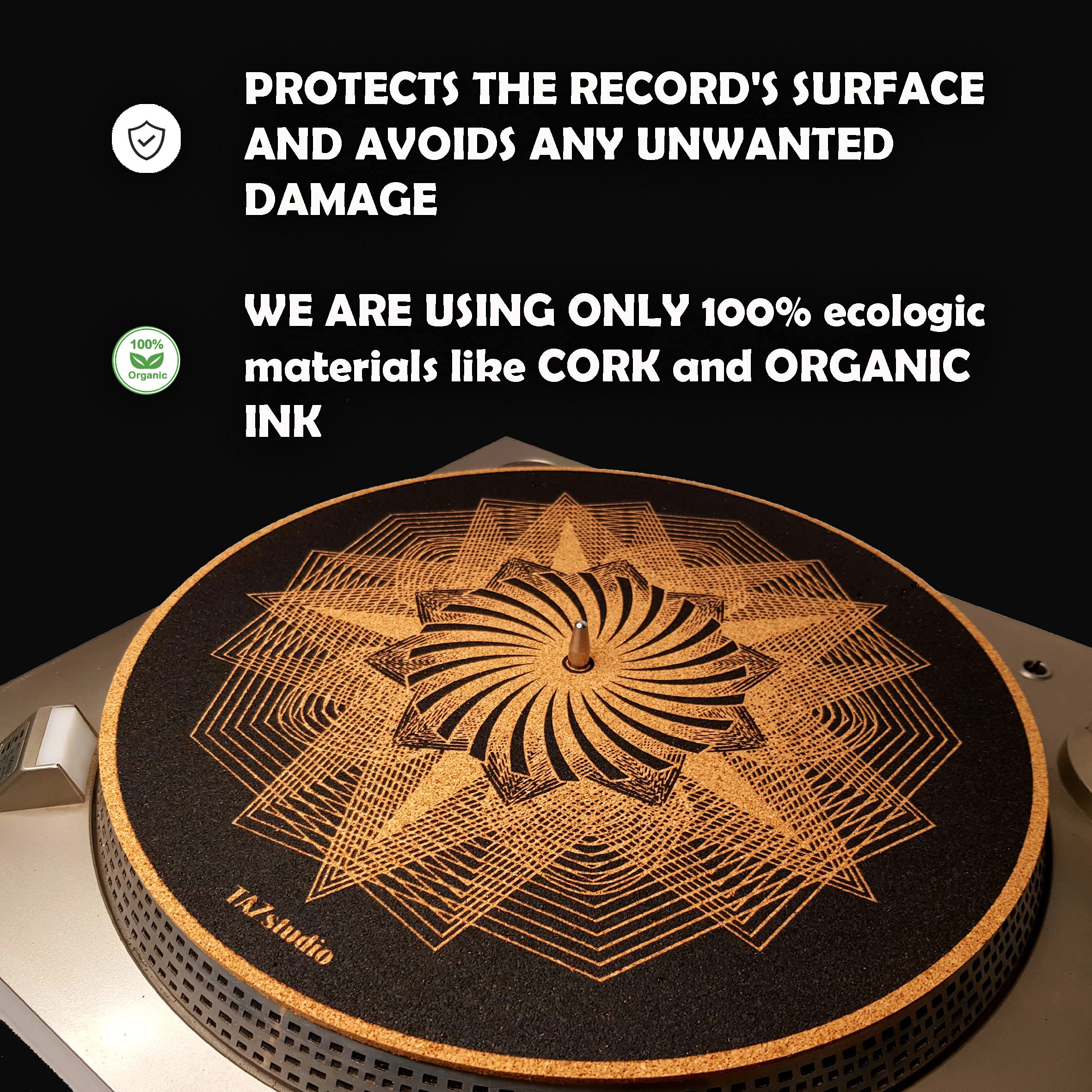 Tazstudio Cork Turntable Mat For Better Sound Support On Vinyl Lp Record Player   Original Geometric Design Psychedelic Geometri