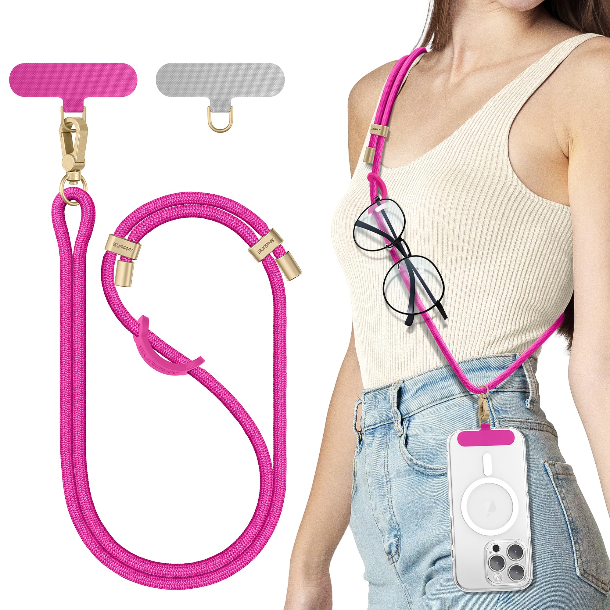 SURPHY Phone Lanyard Crossbody, Adjustable Cell Phone Lanyard with 2 Pack Phone Tether Tab, Two-Color Braided Phone Strap (Hot P
