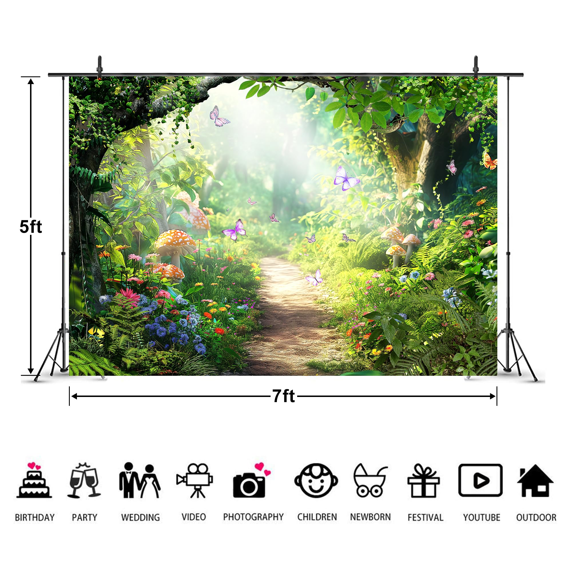 Imirell Fairy Backdrop 7Wx5H Feet Enchanted Woodland Tale Green Spring Butterfly Flower Mushroom Tree Plant Leaves Polyester Fab