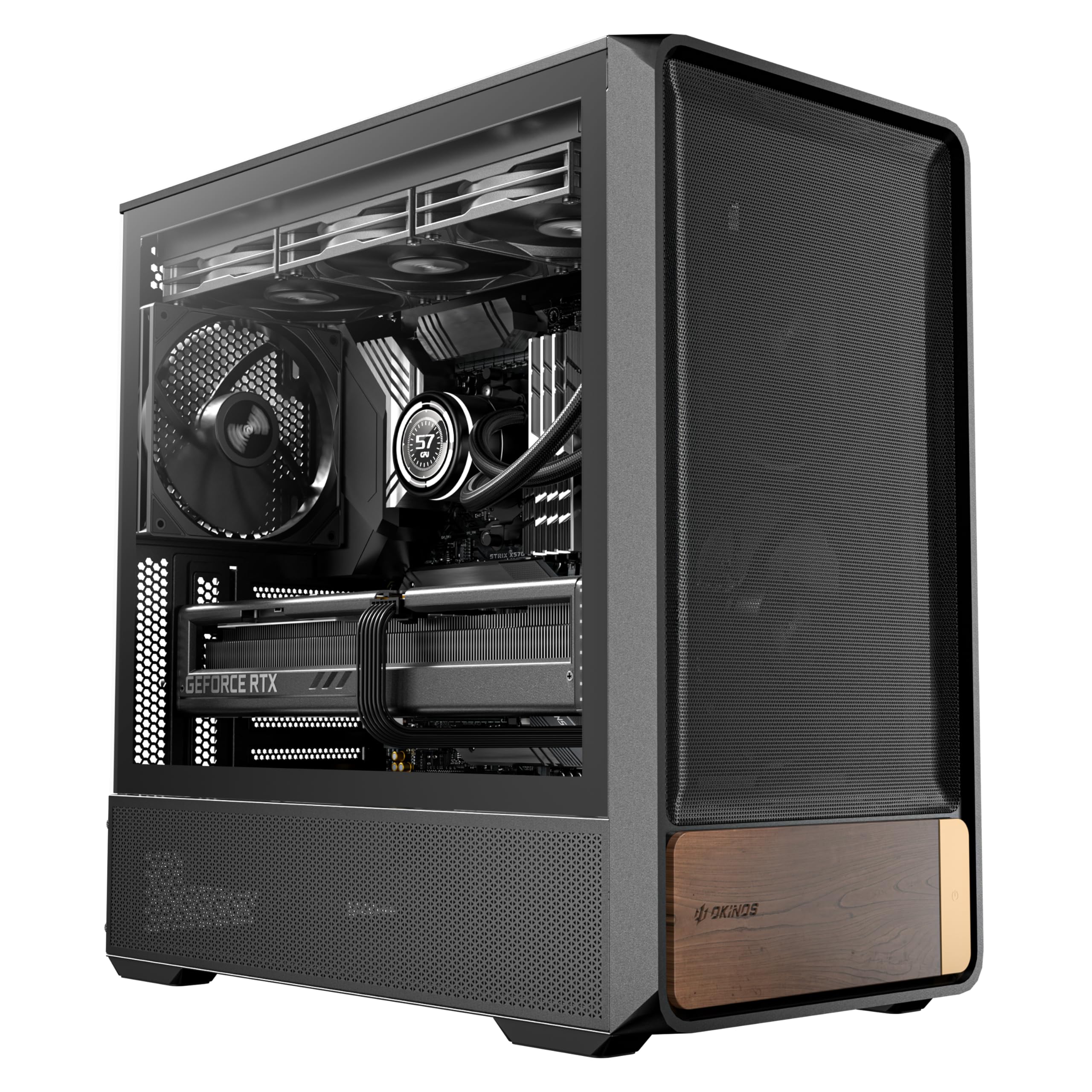 Okinos Air Cross, Genuine Walnut Wood ATX Case, 3  140mm PWM Fan & 2x120mm Reverse PWM Fan Pre-Installed, Airflow Optimized Mesh