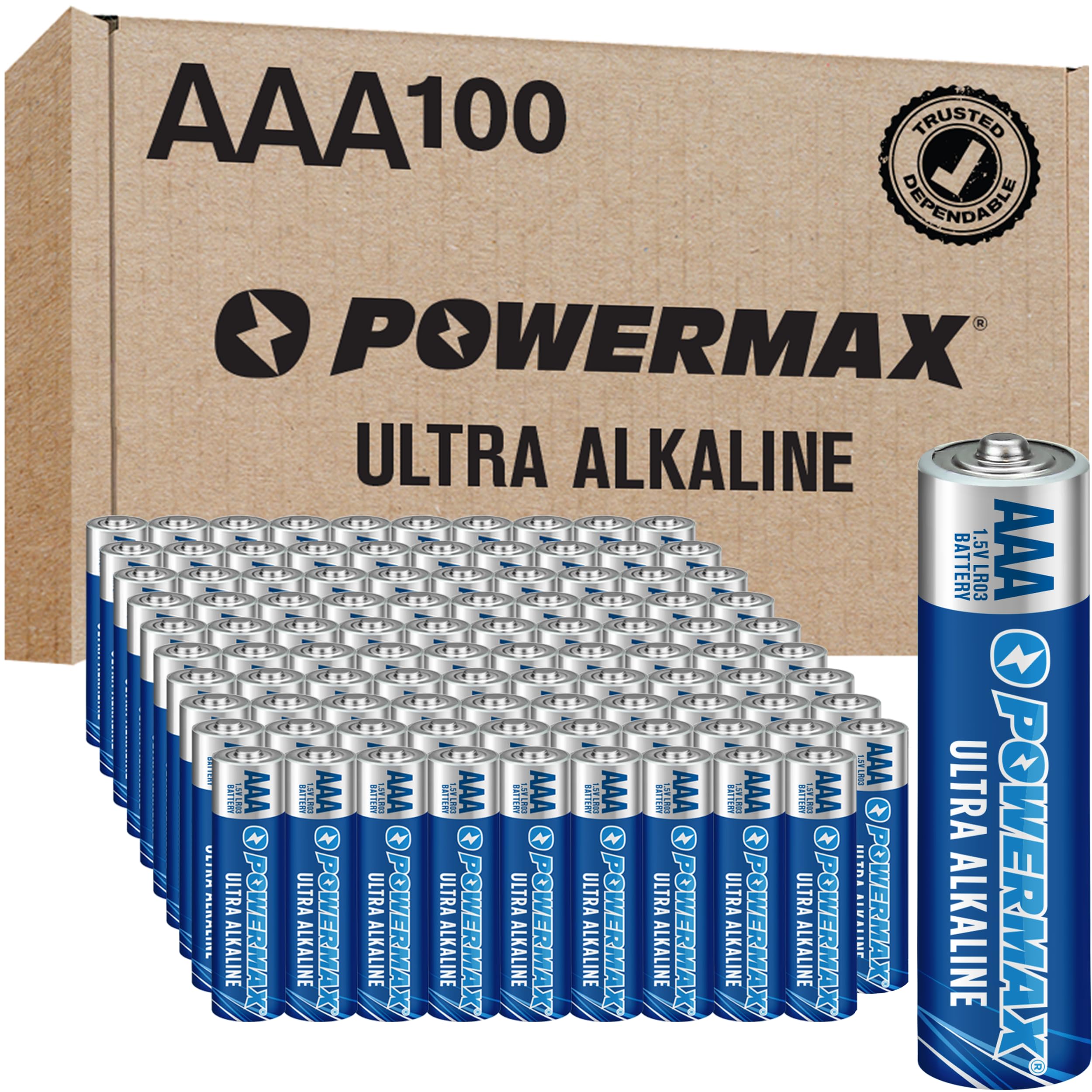 Powermax 100 Count Triple Aaa Batteries, Ultra Long Lasting Alkaline Battery, 10 Year Shelf Life, Reclosable Packaging