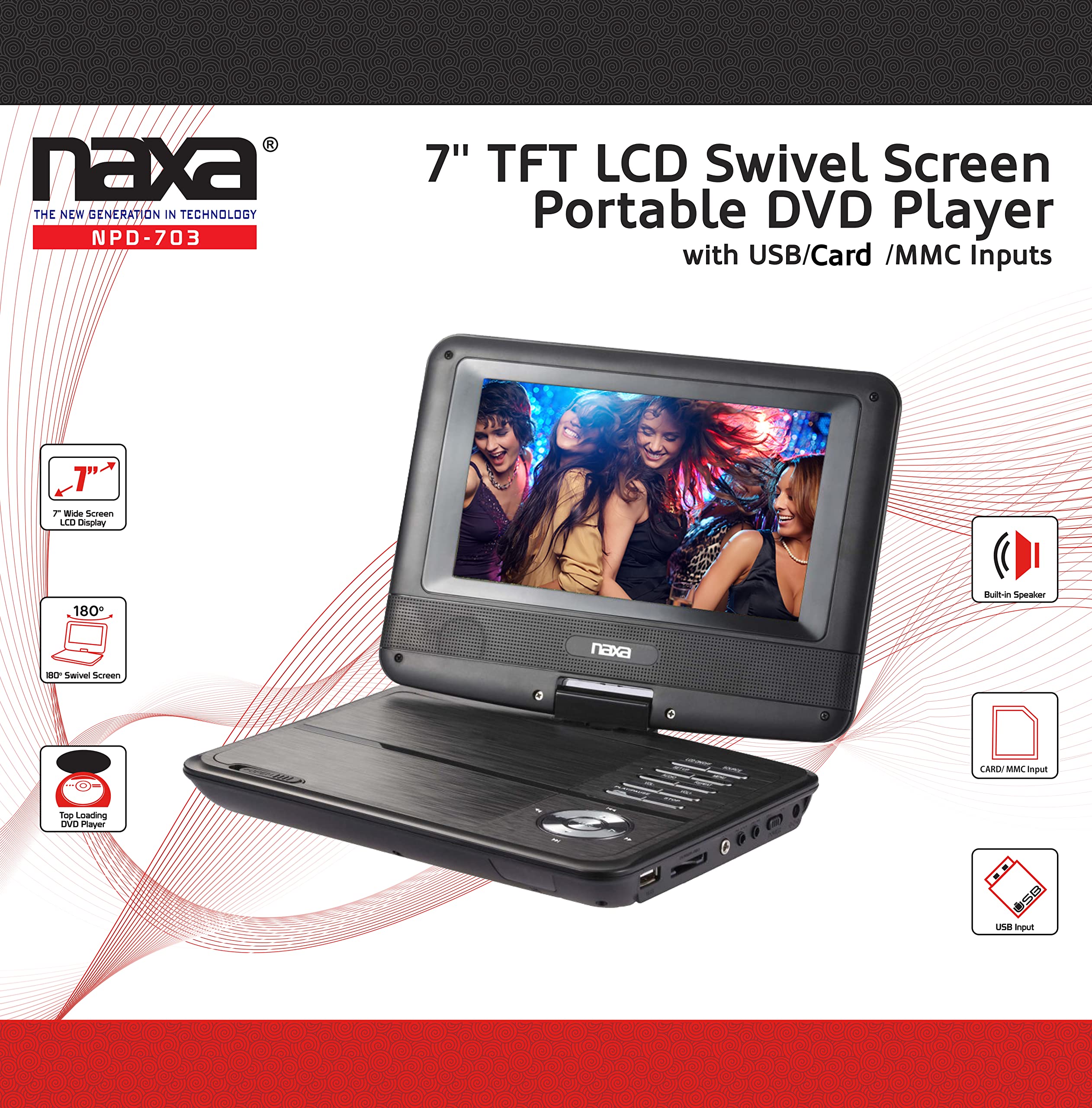 Naxa Electronics Npd 703 7 Inch Tft Lcd Swivel Screen Portable Dvd Player   Black Lacquer