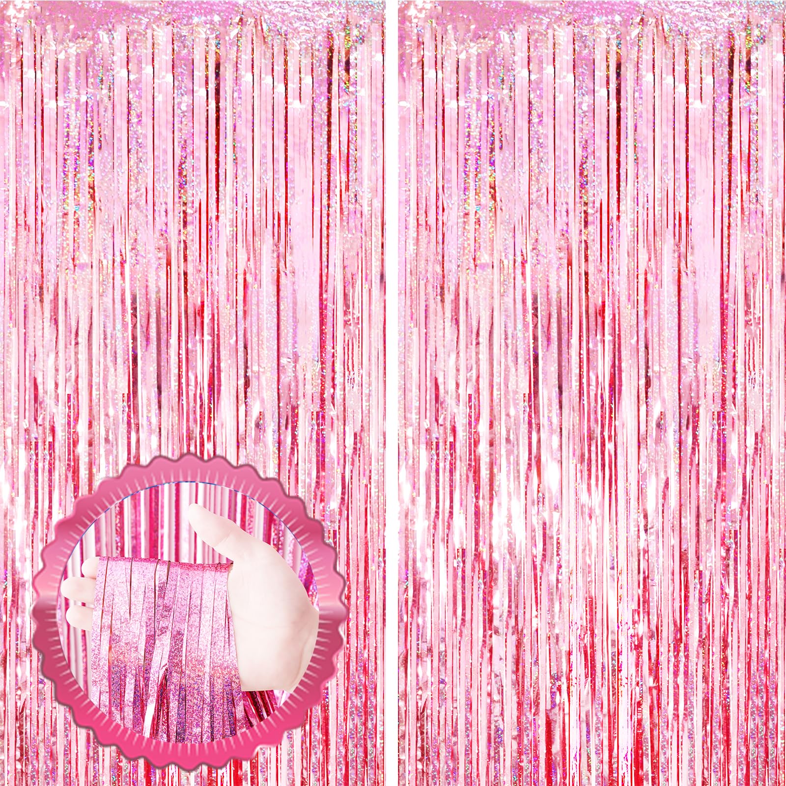 Voircoloria 2 Pack Laser Pink Tinsel Foil Fringe Curtains, Pink Party Decorations, Metallic Tinsel Party Streamers Backdrop For