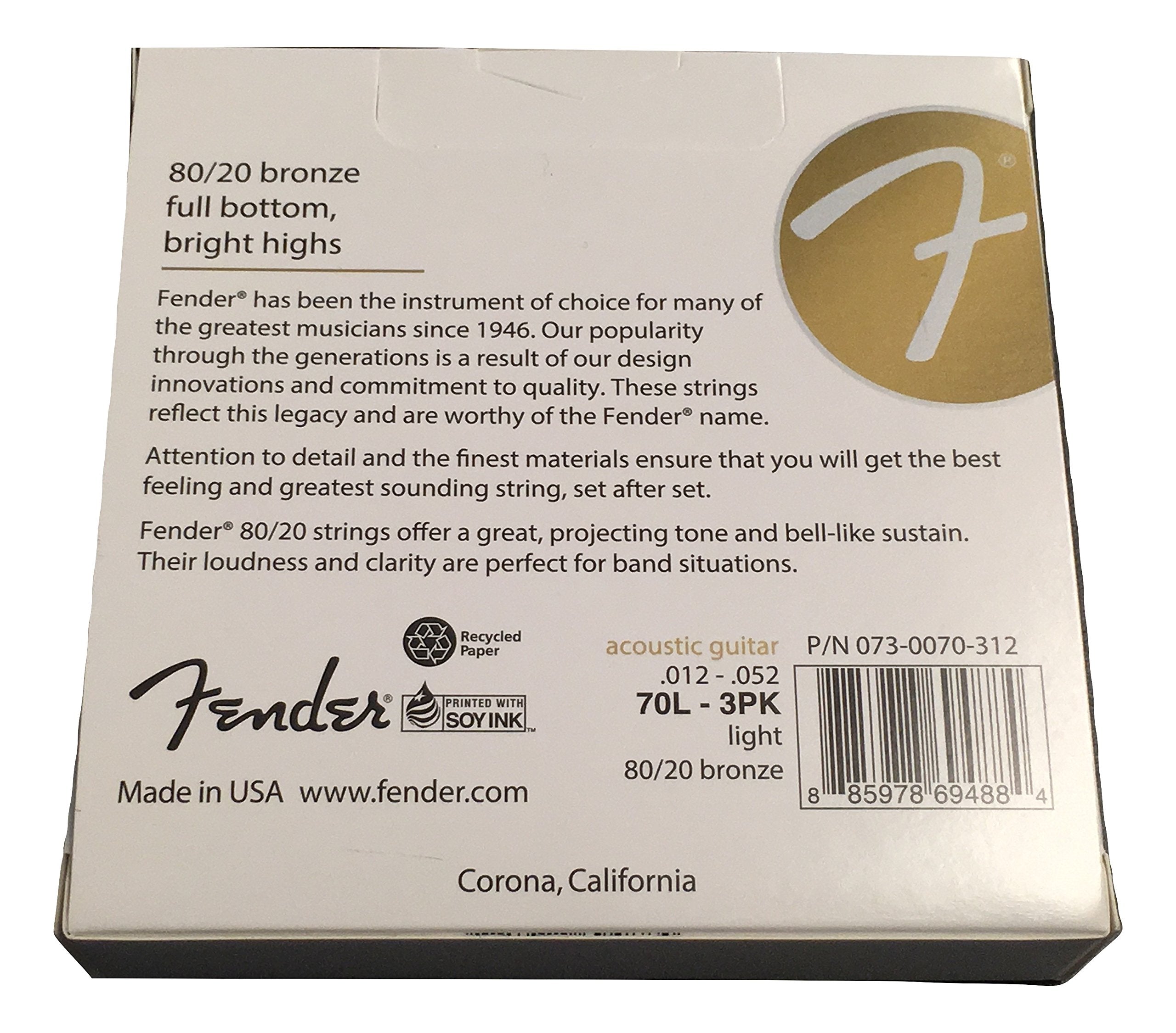 Fender 80/20 Bronze Acousitc Guitar Strings, Ball End, 70L .012-.052, 3-Pack