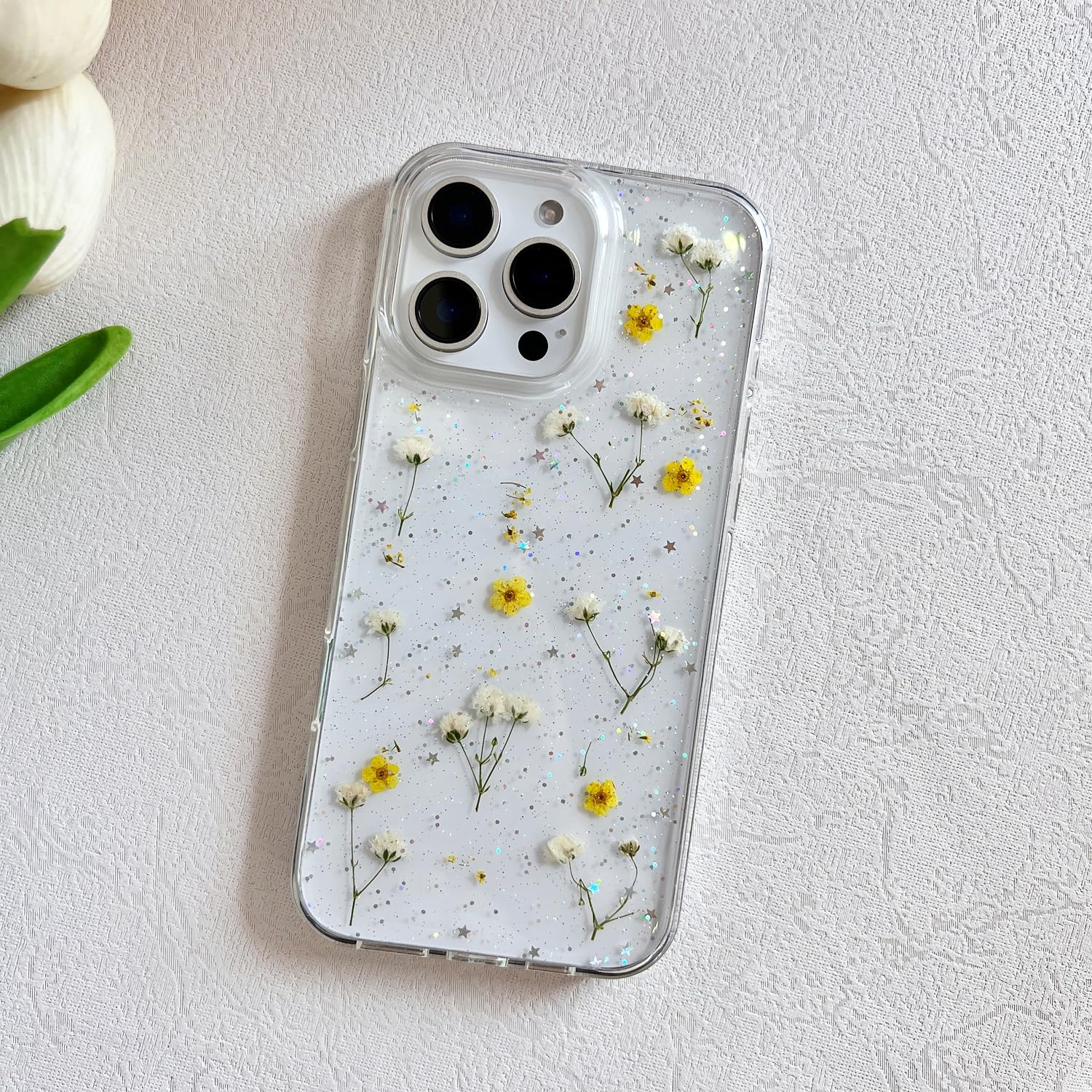 Lseeka For Iphone 16 Pro Max Clear Case With Pressed Real Flowers Design,Glitter Cute Yellow Floral Pattern Slim Soft Tpu Protec