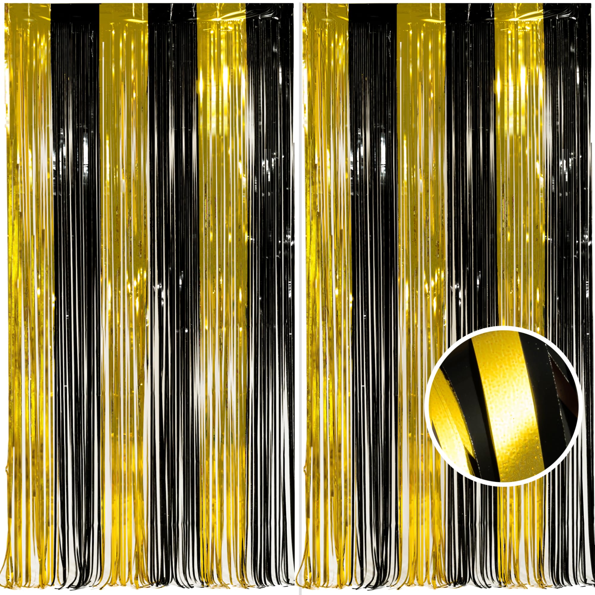MALANKU 2 Pack Black and Gold Party Decorations - 3.3 x 8.2ft Gold Foil Fringe Curtain Black Tinsel Backdrop Photo Booth Props f