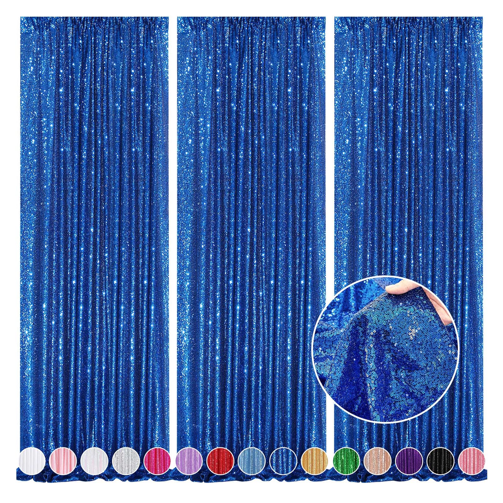 Glitter Backdrop Curtains Royal Blue Sequin Background 3 Packs 2Ft X 8Ft Sequin Fabric Baby Shower Birthday Party Decorations