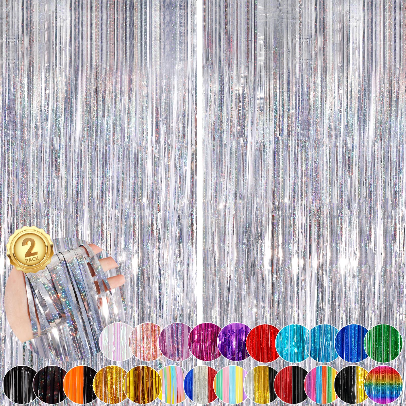 Silver Party Streamers 2Pack Metallic Tinsel Foil Fringe Curtains 3.3X 8.3Ft Party Decors For Photo Booth Photoshoot Bridal Show