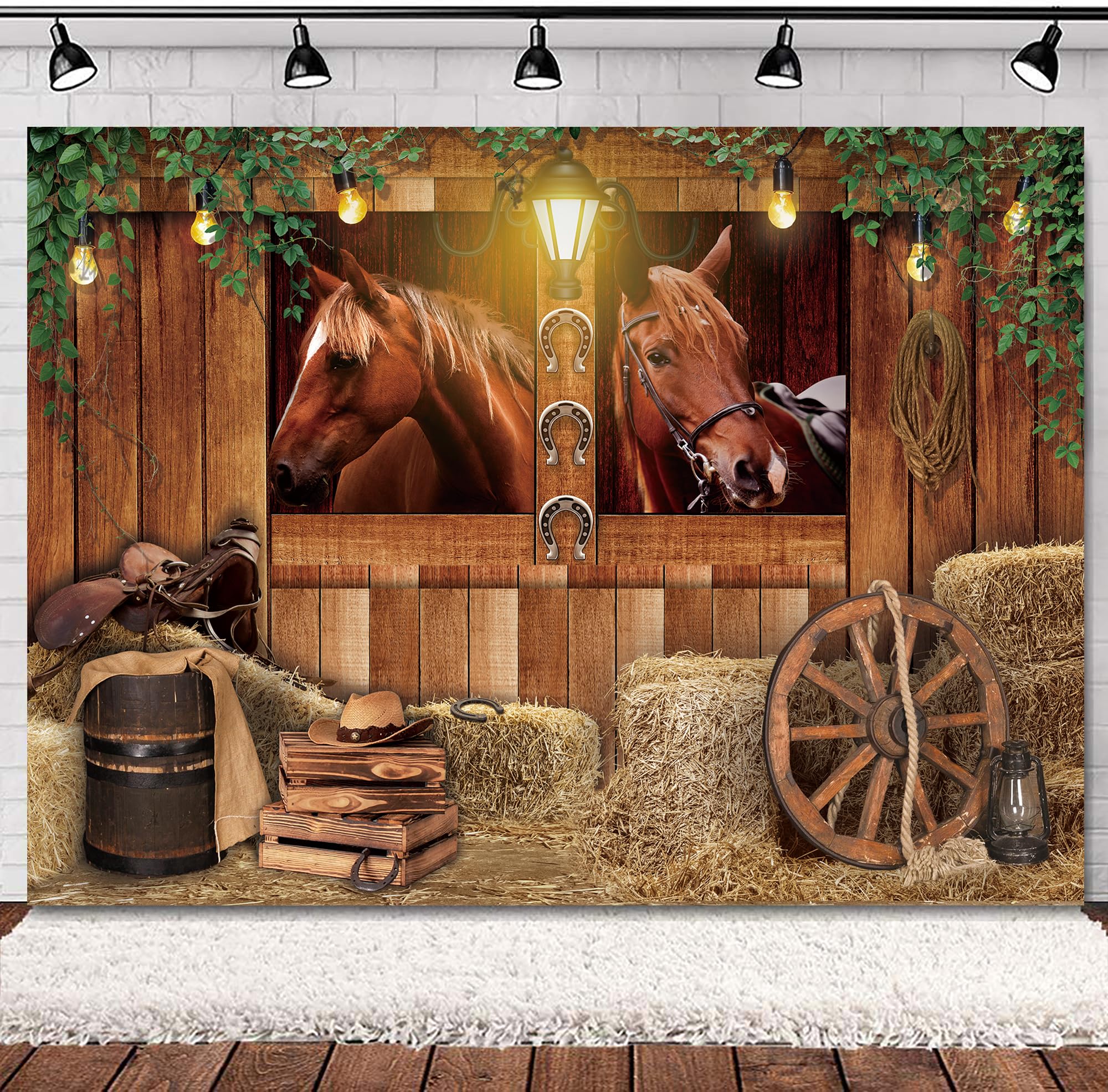 Svbright Western Cowboy Backdrop 7Wx5H Farmhouse Wooden Stable Brown Country Horse Barn Door Old Wood Wheels Boy Man Birthday De