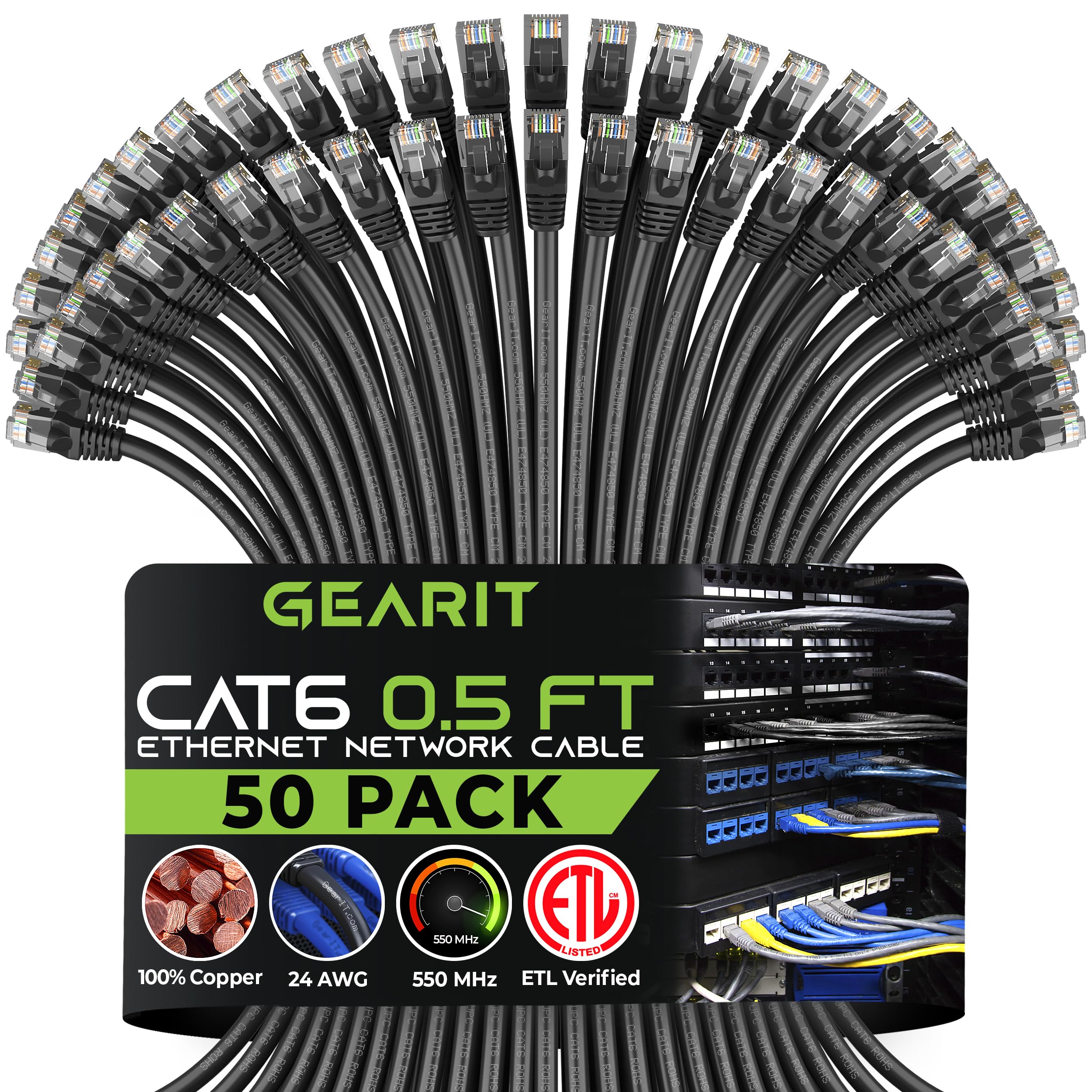 Gearit 50 Pack, Cat 6 Ethernet Cable Cat6 Snagless Patch 0.5 Feet   Snagless Rj45 Computer Lan Network Cord, Black   Compatible