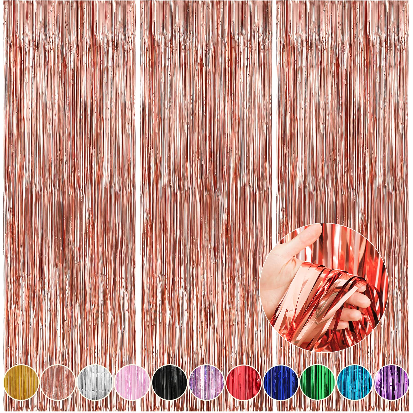 Crosize 3 Pack Backdrop Curtain, 3.3 X 9.9 Ft Rose Gold Foil Fringe, Streamers Birthday Party Decorations, Tinsel Curtain For Pa