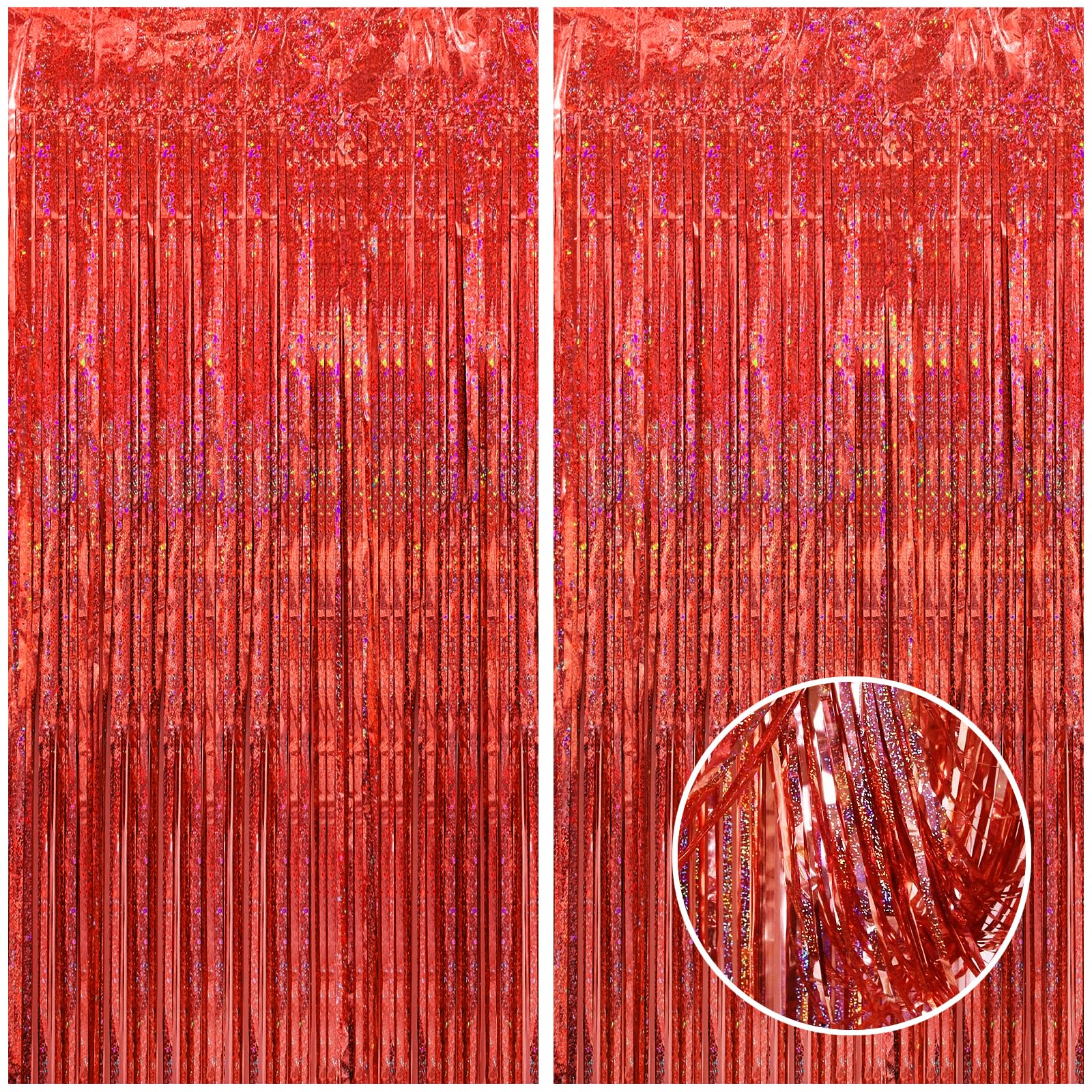 Canrevel 2 Pack 3.3X8.2 Feet Laser Red Foil Fringe Backdrop Curtains, Glitter Tinsel Streamers Birthday Party Decorations, Fring