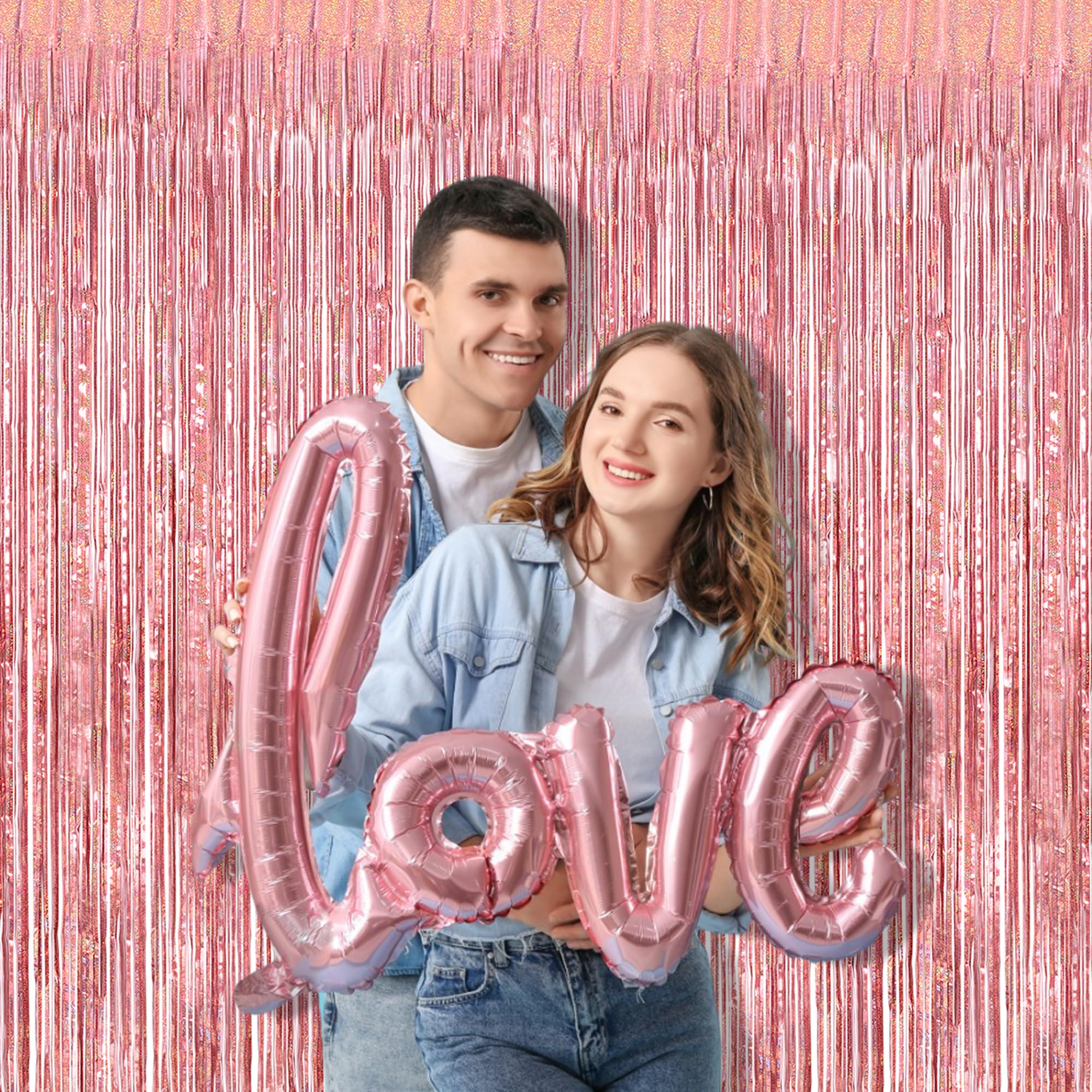 Braveshine Rose Gold Metallic Tinsel Backdrop   2Pcs 3.2X8.2Ft Metallic Tinsel Foil Fringe Curtains Photo Booth Streamers For 21