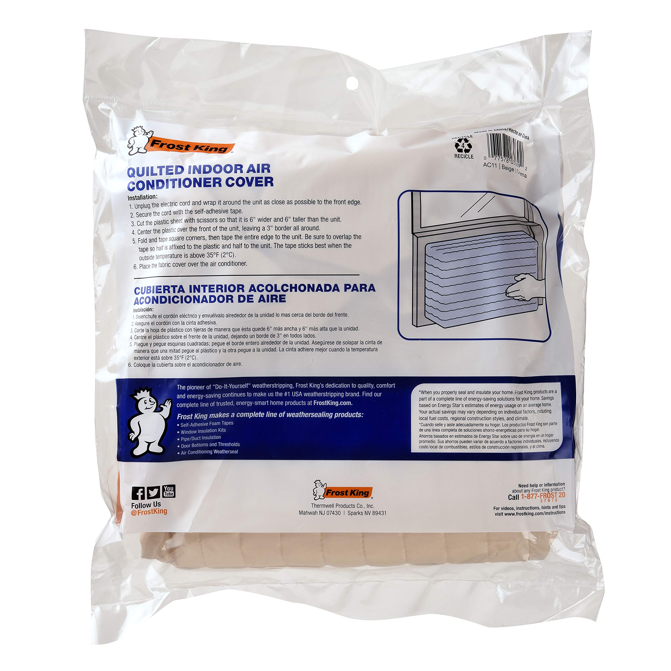 Frost King, Large, Fits Units Up To 20'' X 28'' Ac11H Indoor Quilted 2 Piece Standard Air Conditioner Cover, 20In Wide X 28In Lo