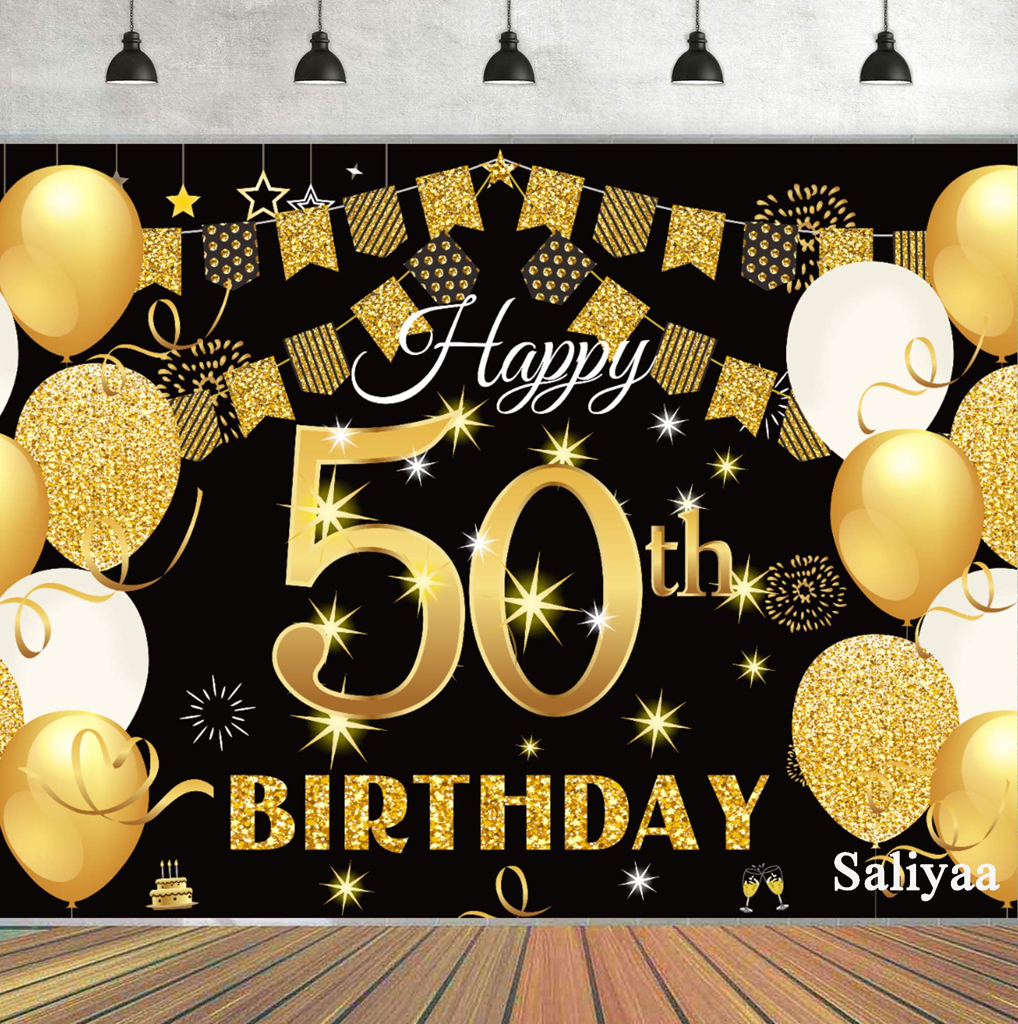 Saliyaa 7X5Ft Happy 50Th Birthday Backdrop,Happy Birthday Party Decoration, Black Gold Birthday Sign Poster Photo Booth Backdrop