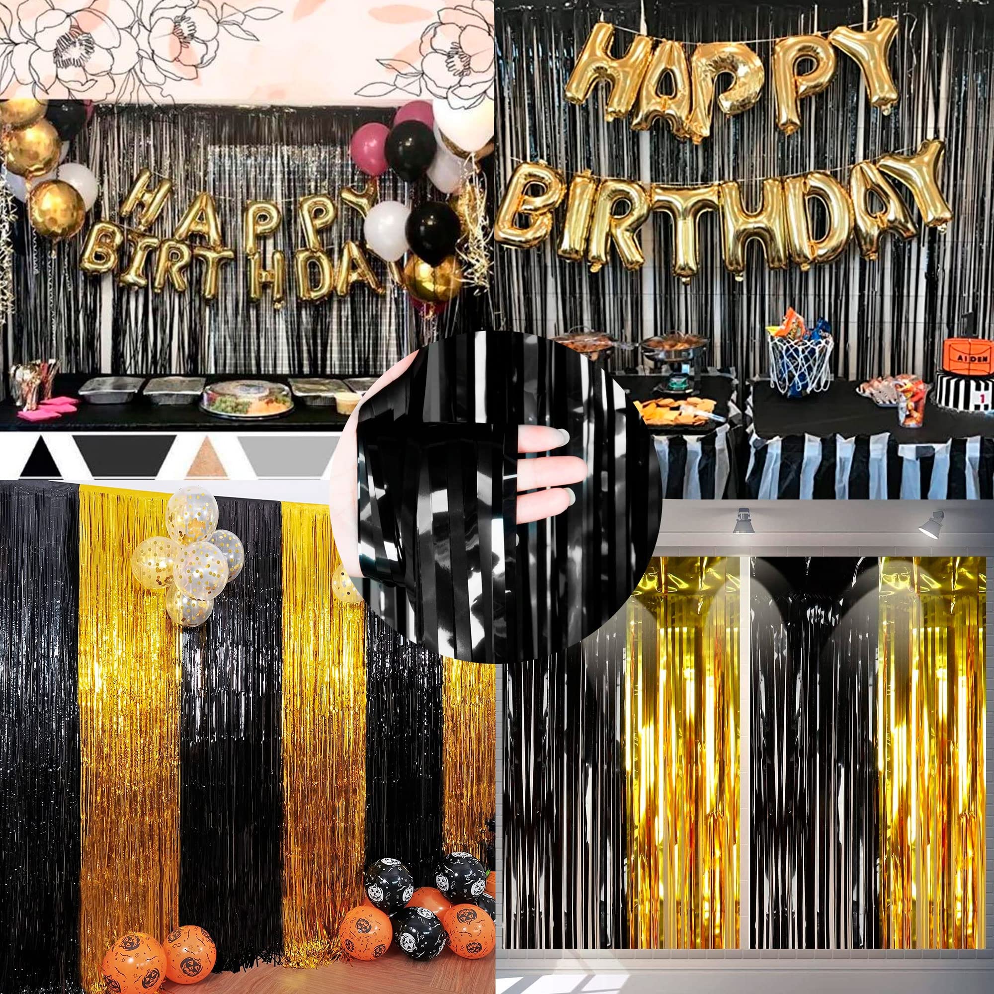Dazzle Bright 2 Pack Black Backdrop Curtain, 3Ft X 8Ft Metallic Tinsel Foil Fringe Curtains Photo Booth Background For Baby Show