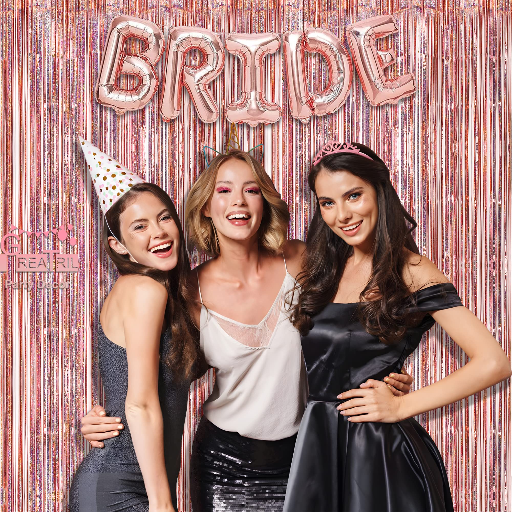 Rose Gold Tinsel Curtain Party Backdrop   Greatril Foil Fringe Curtain Streamers For Bachelorette Party Decorations Bride Be Par