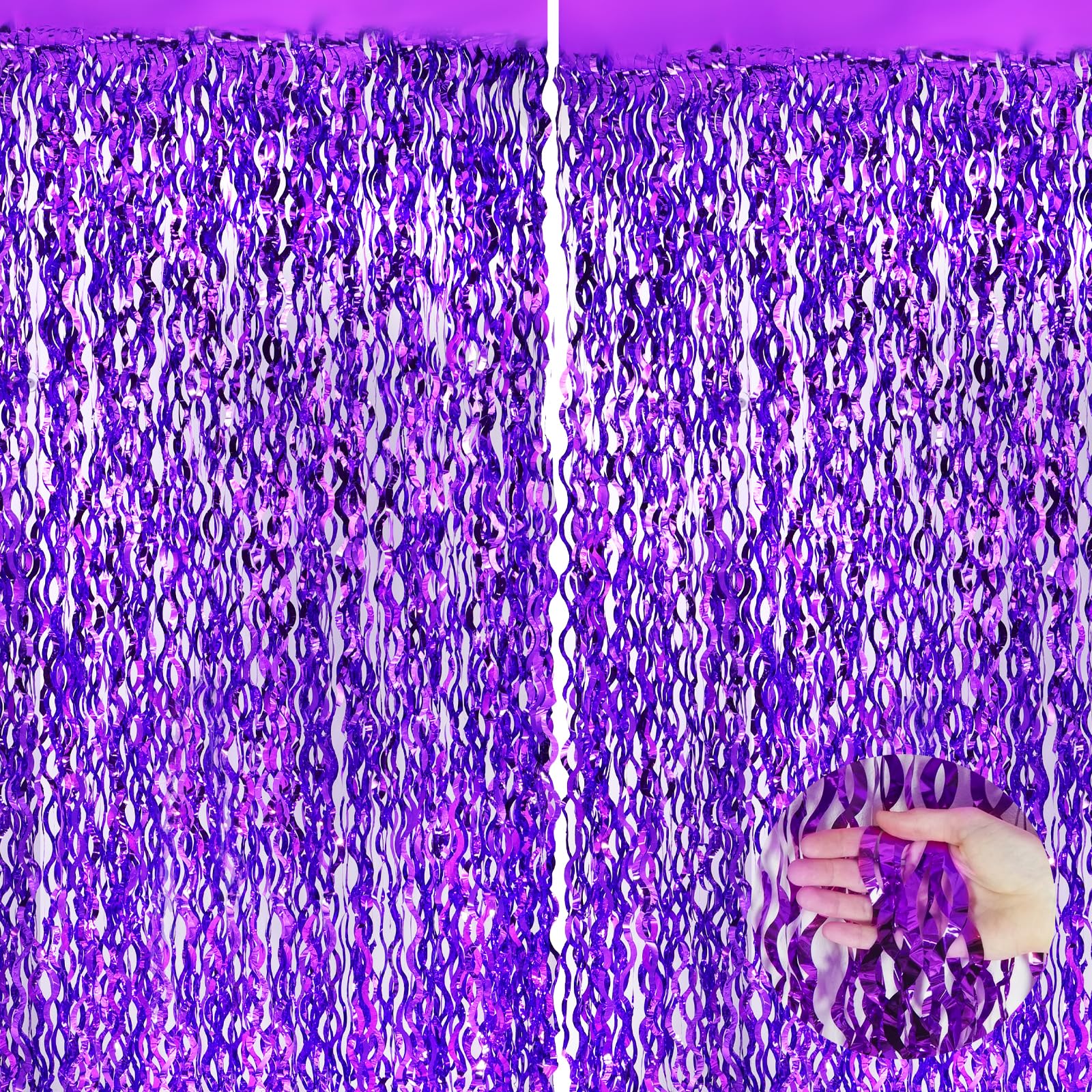 Wavy Purple Metallic Tinsel Foil Fringe Curtains, 2 Pack 3.3X8.3 Feet Party Streamer For Birthday Party Decorations, Halloween D