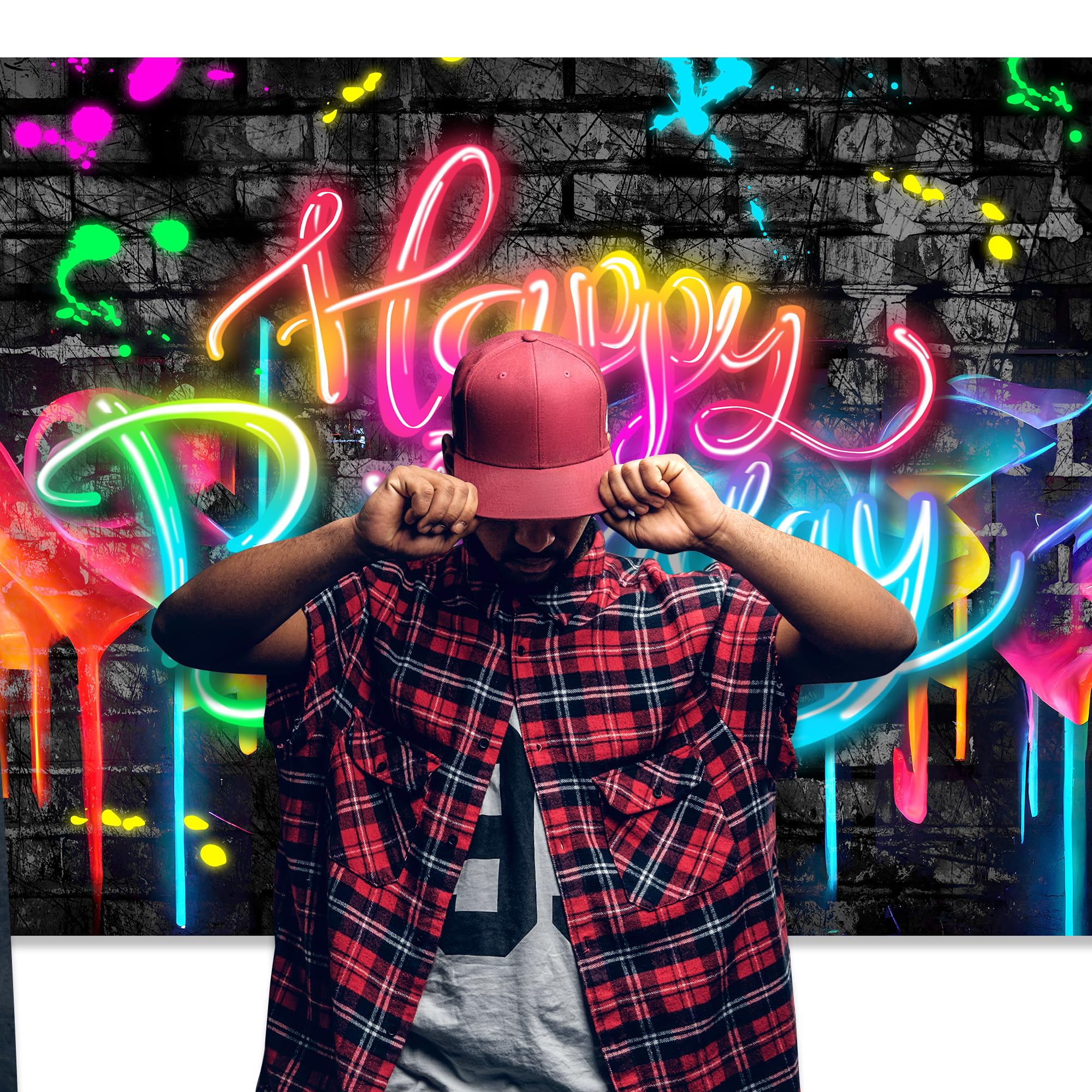 Imirell Neon Happy Birthday Backdrop 7Wx5H Feet Glow In The Dark Brick Wall Funny Graffiti Colorful Painting Splatter Polyester