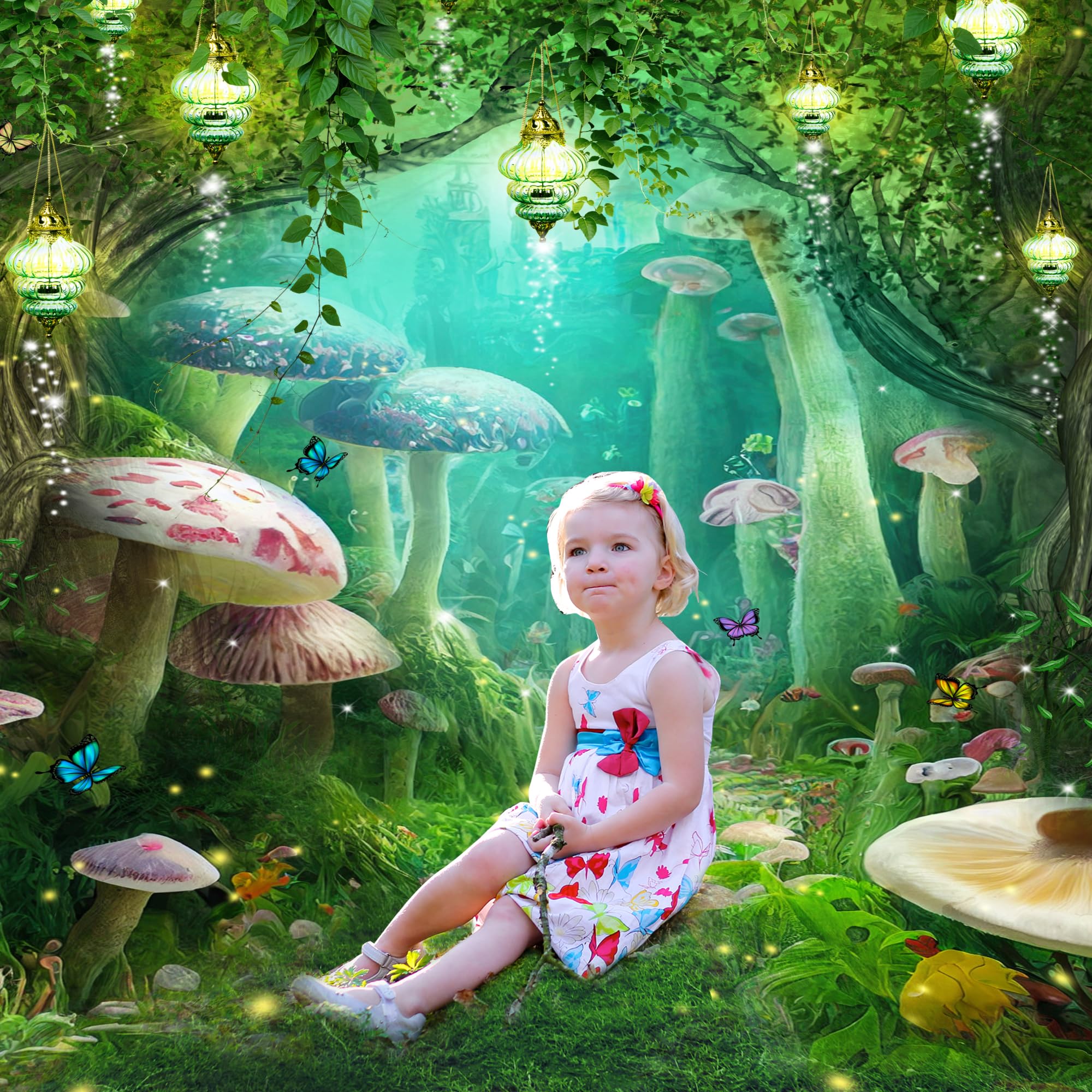 Riyidecor Enchanted Backdrop Polyester Fabric Greenery Garden Wonderland Fairy Tale Mushroom Butterfly Woodland Plant 5W*7H Feet