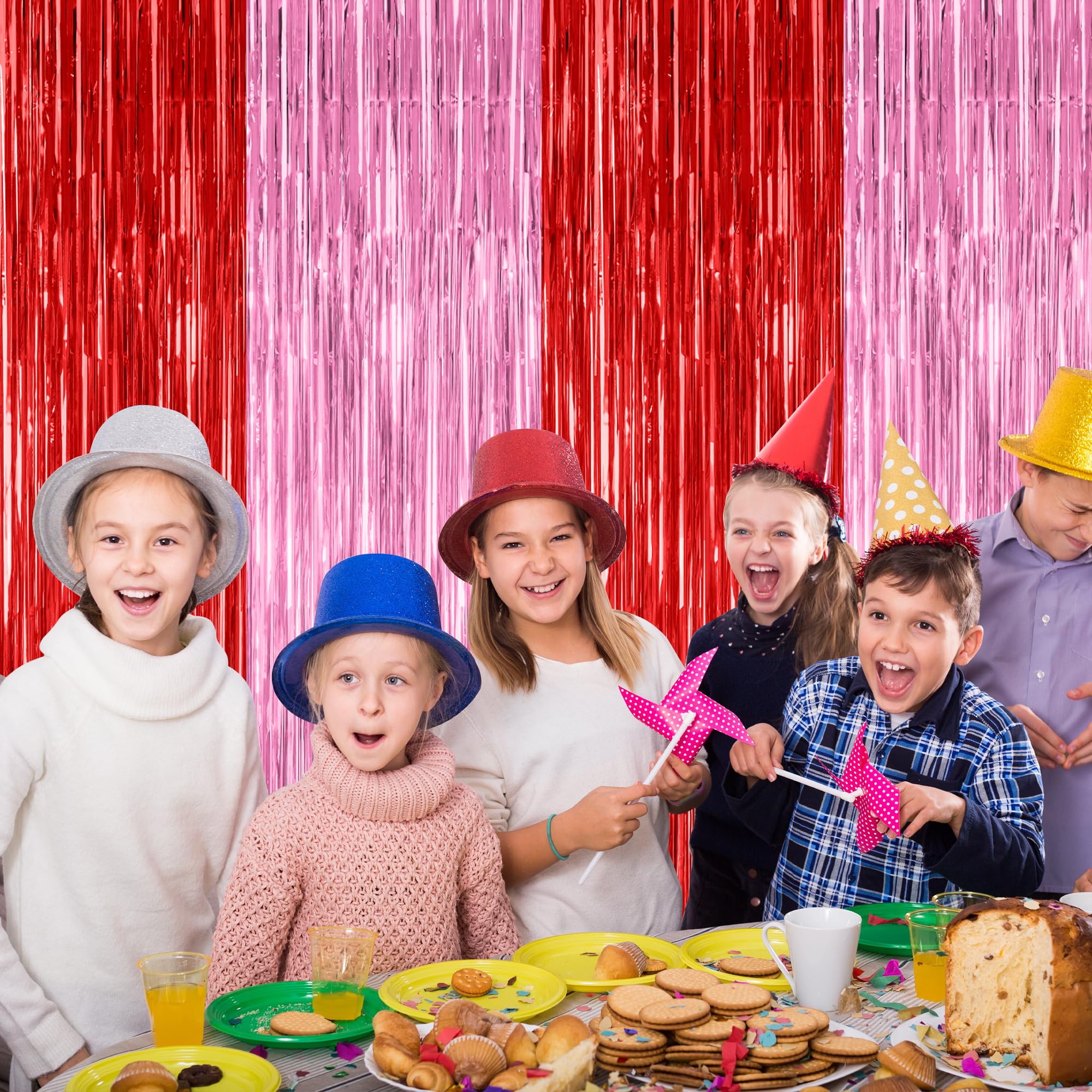 2 Pack Backdrop Curtains, 3.28 Feet X 7.05 Feet Red Pink Backdrop, Metallic Fringe Curtains Tinsel Backdrop Party Streamer, Babi