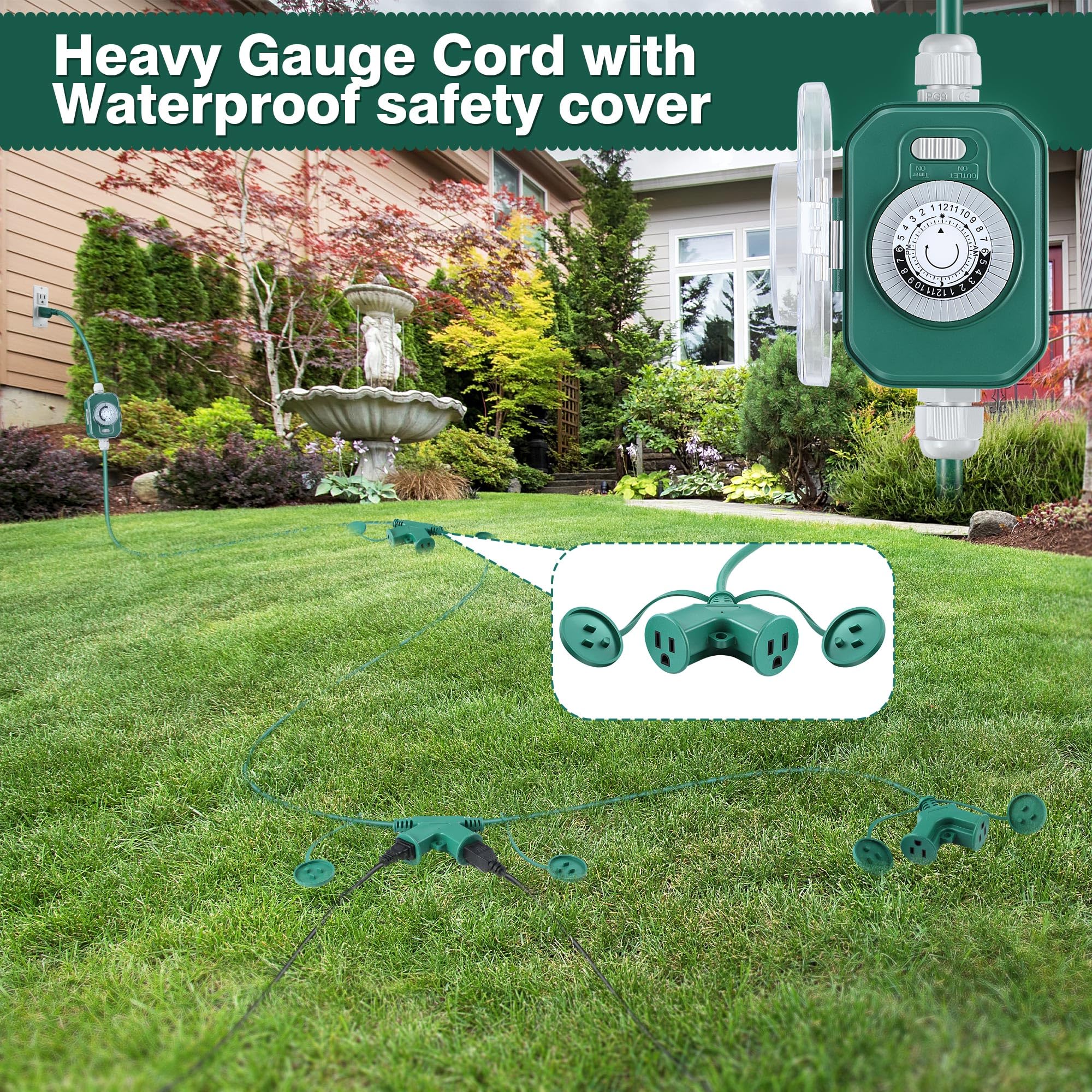 Feekoon 20 Ft Outdoor Extension Cord With Mechanical Timer And 6 Outlet Plugs, 16Awg Sjtw Green Power Cord With Safety Cover Hea