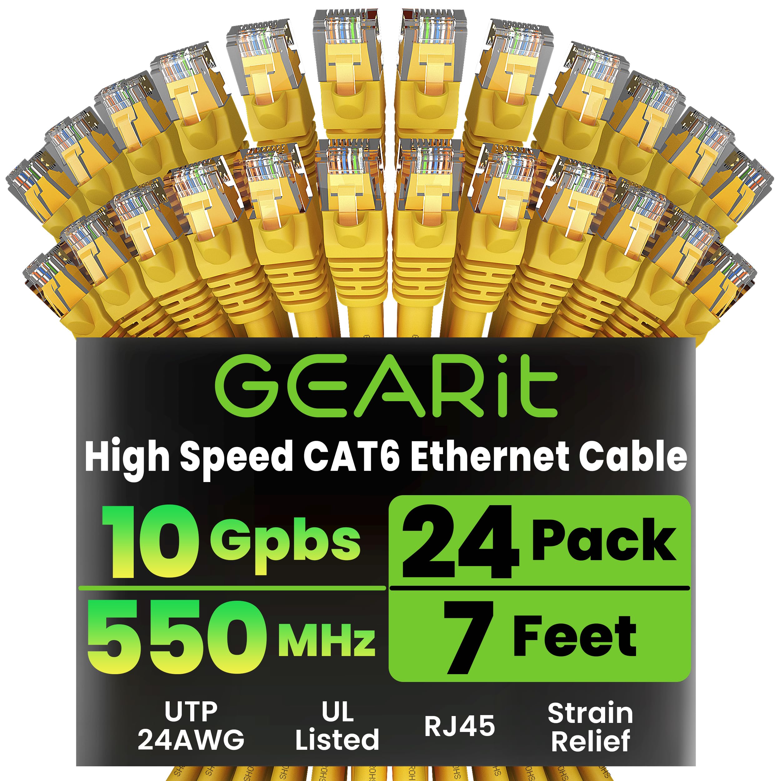 GearIT Cat 6 Ethernet Cable (24-Pack 7 Feet) Cat6 Network Patch, 10Gbps, RJ45, Snagless Cord, Gold-Plated Connectors, Internet f