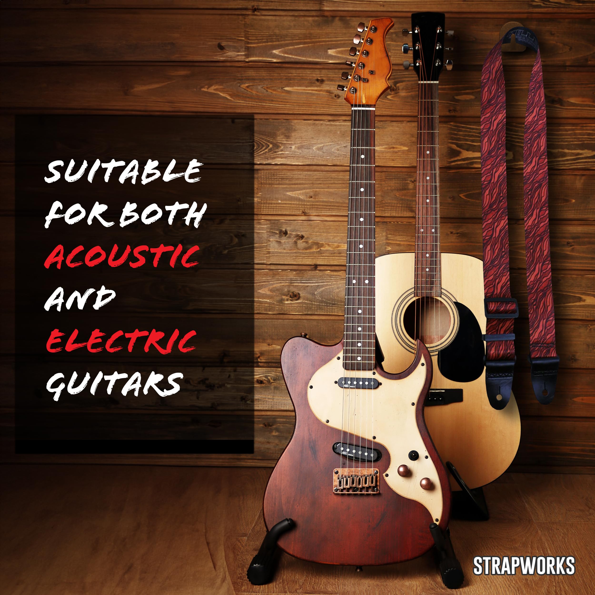 Killer-Q Guitar Strap - Stylish Straps For Electric And Acoustic Guitars With Leather Tabs, 2 Inches X 5 Feet, Hot Lava