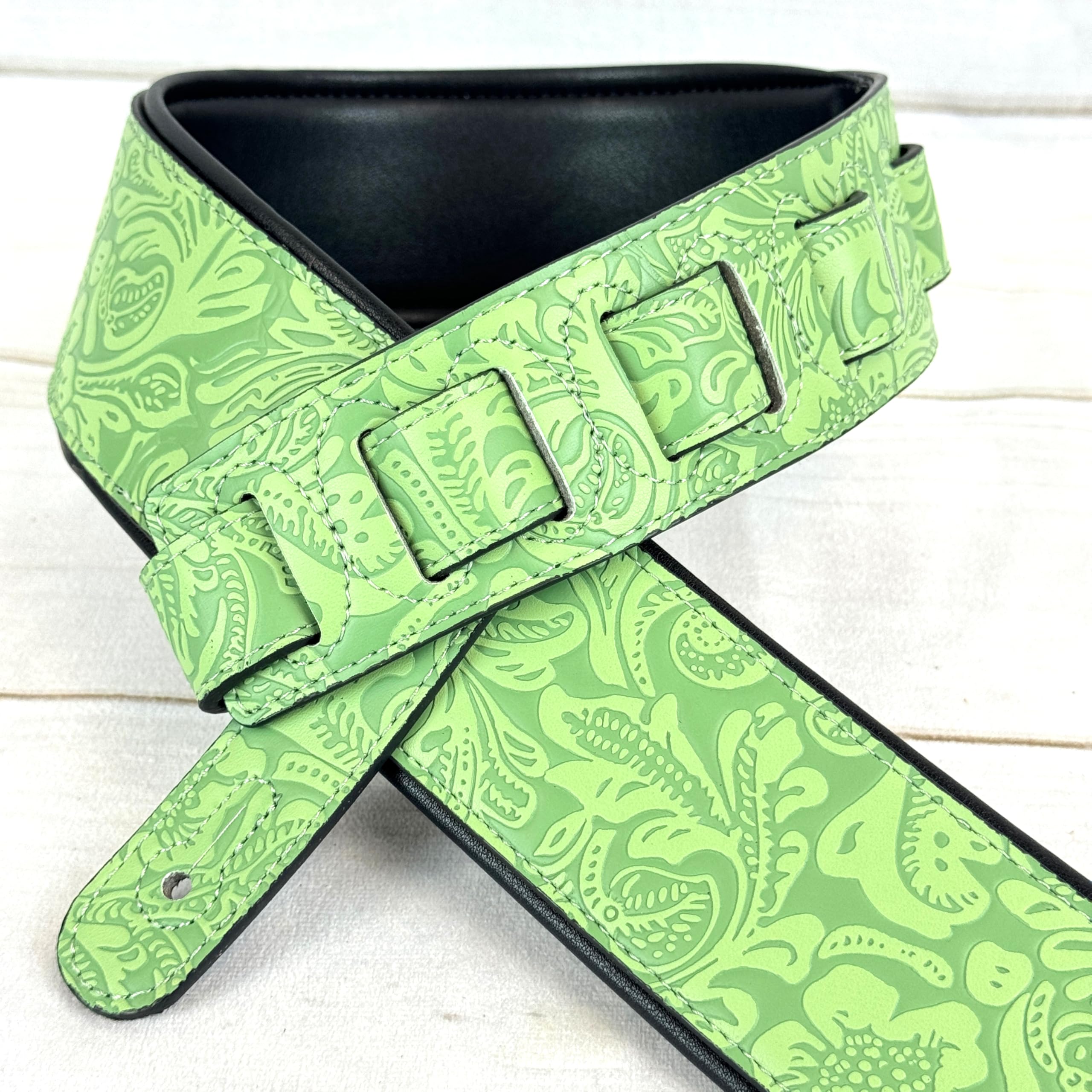 Walker And Williams G 977 Sea Foam Green Embossed Guitar Strap With Western Sheridan Design And Padded Glove Leather Back For Ac