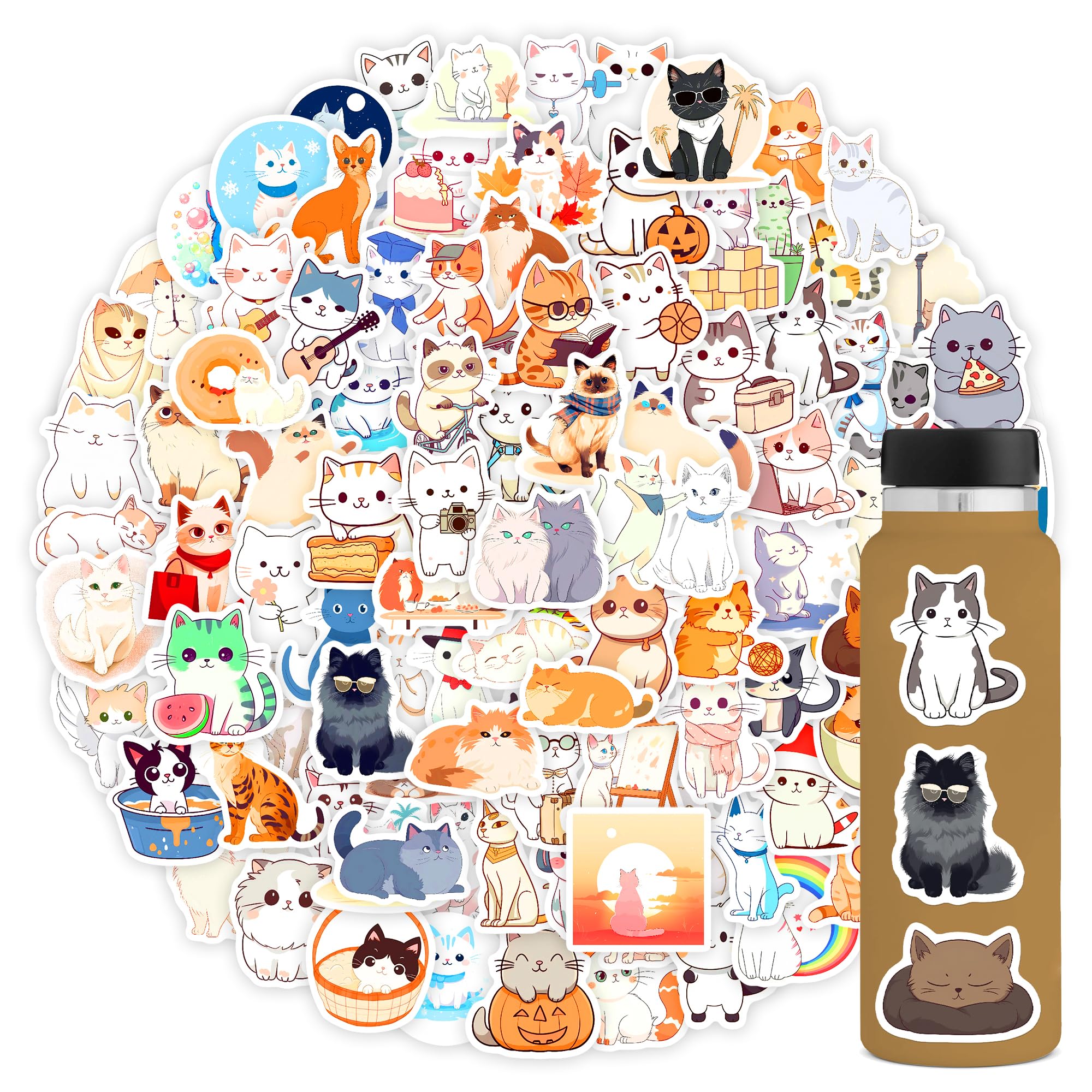 102 Pcs Cat Stickers,Cute Cat Stickers Animal Stickers For Adults,Unique Designed Cartoon Vinyl Waterproof Aesthetic Funny Cat Stickers For Water Bottles Laptop Computer Skateboard