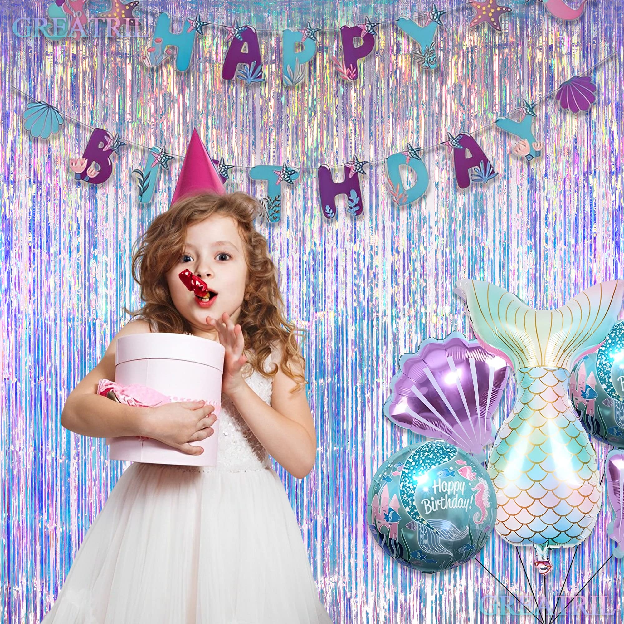 Iridescent Party Streamers Backdrop - Greatril Neon Transparent Holographic Tinsel Foil Fringe Curtain For Mermaid/Frozen/Sea/Eu