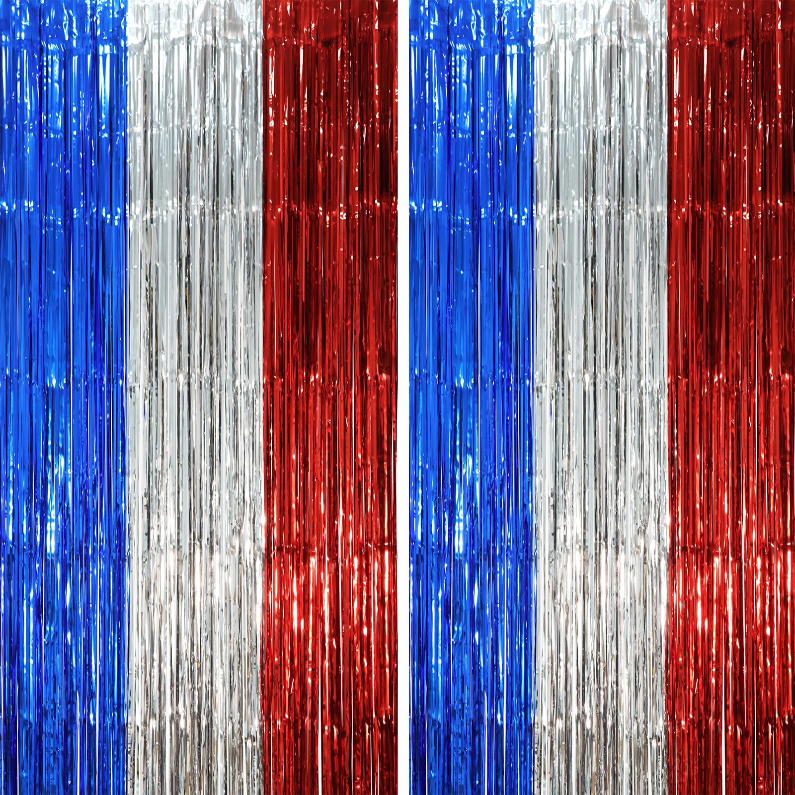 Voircoloria 2 Pack 3.3 X 8.2 Ft Blue Red Silver Foil Fringe Backdrop Curtains, Tinsel Streamers Party Decorations, Fringe Backdr