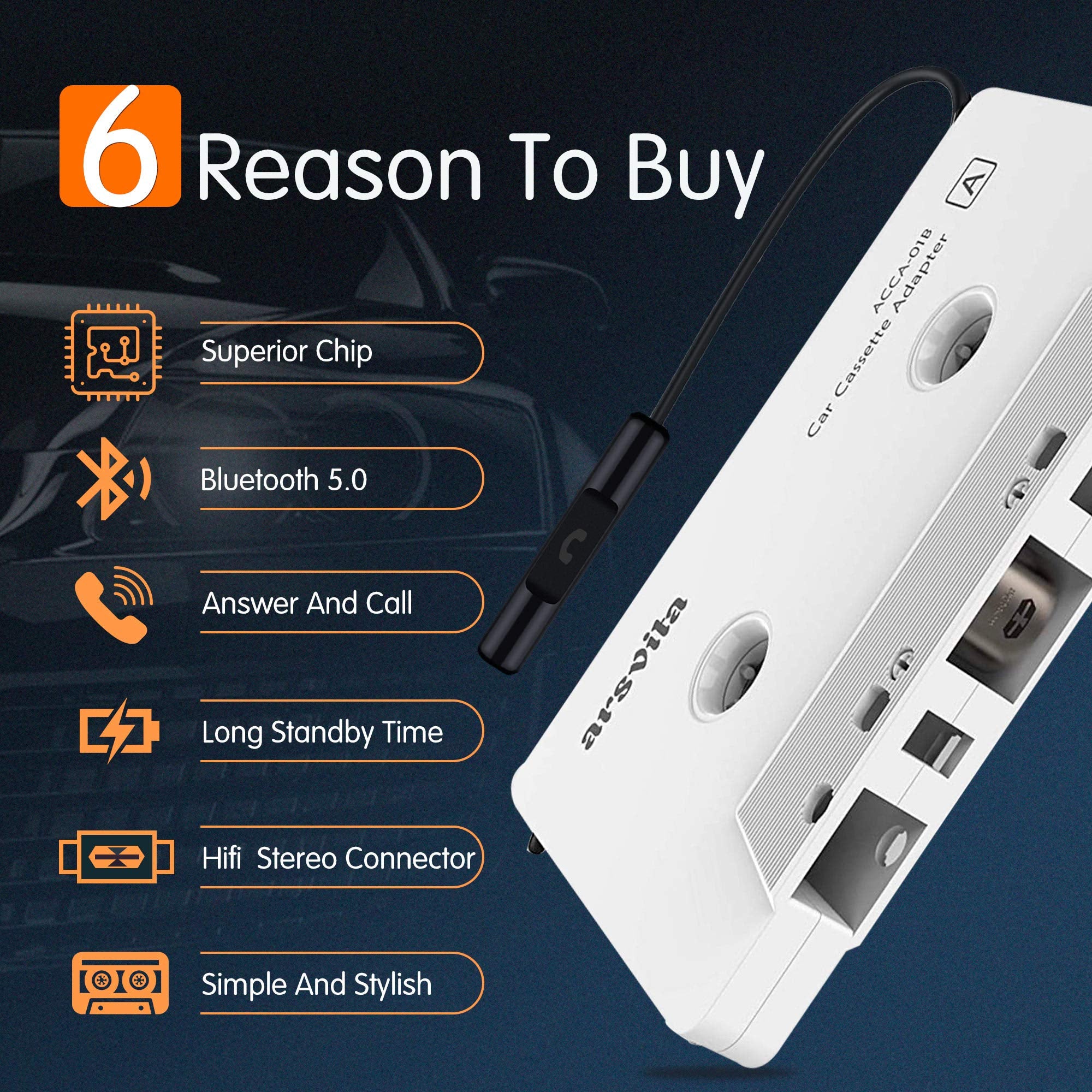 Arsvita Car Audio Bluetooth Cassette Receiver, Tape Player Bluetooth 5.0 Cassette To Aux Adapter