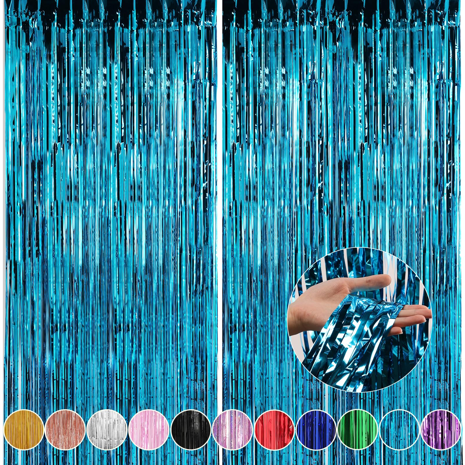 Crosize 2 Pack 3.3 X 9.9 Ft Blue Foil Fringe Curtains Party Decorations, Blue Tinsel Curtain Backdrop For Parties, Door Streamer