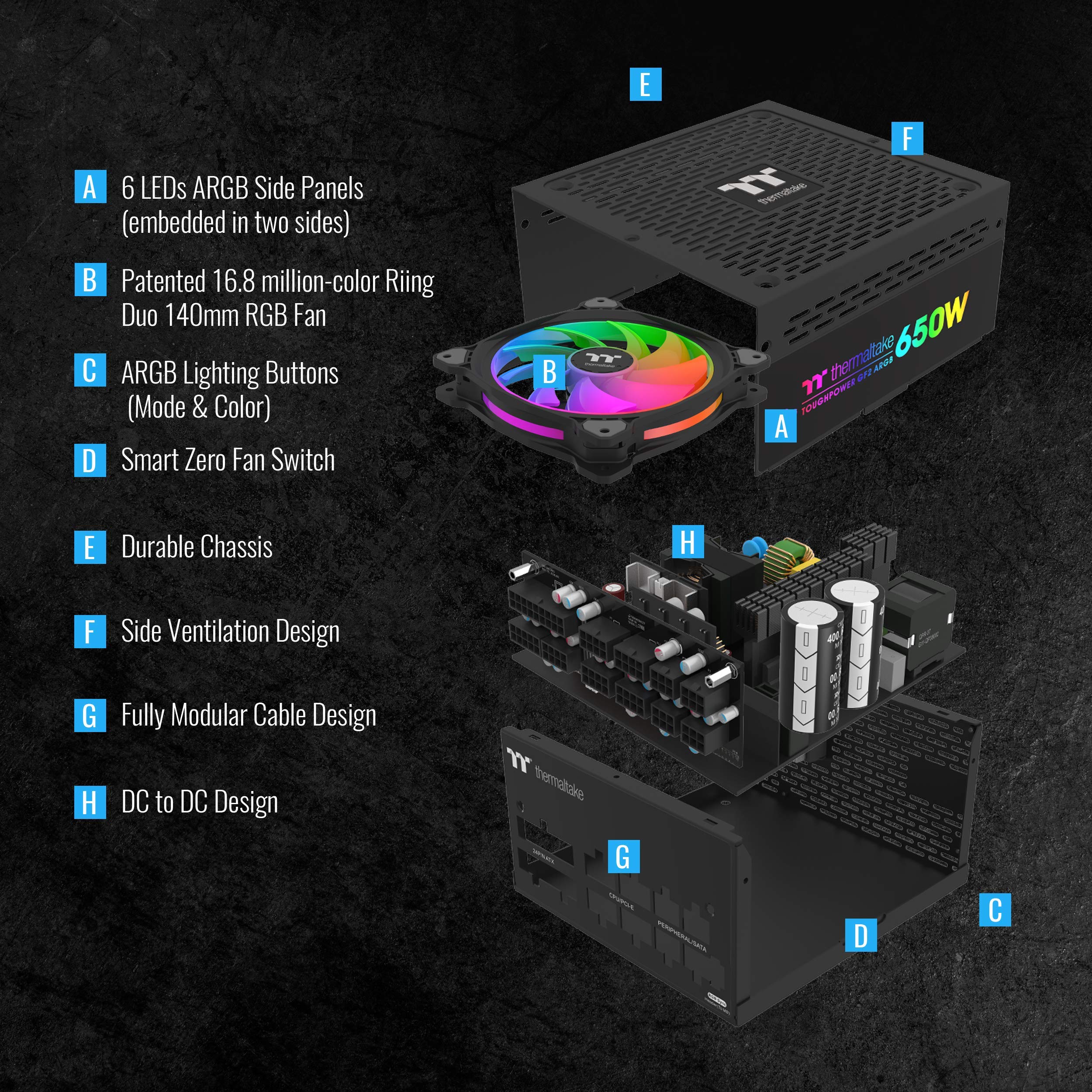 Thermaltake Toughpower Gf2 Argb 650W 80+ Gold 16.8 Million Colors 18 Addressable Leds 5V Motherboard Sync/Analog Controlled Sli