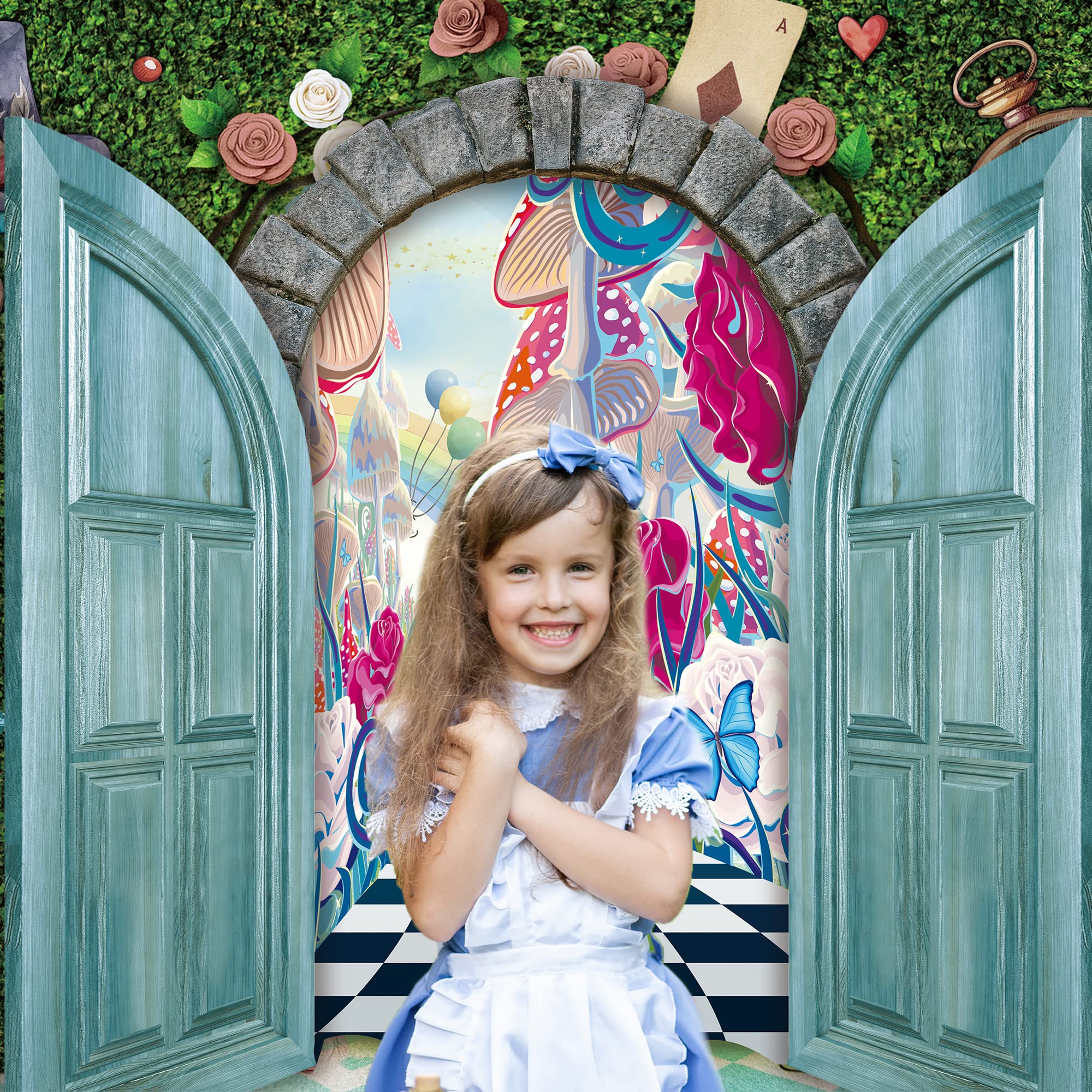 Newsely Wonderland Tea Party Photo Backdrop 7Wx5H Photography Key Hold Checkerboard Green Fence Mushroom Decorations Background