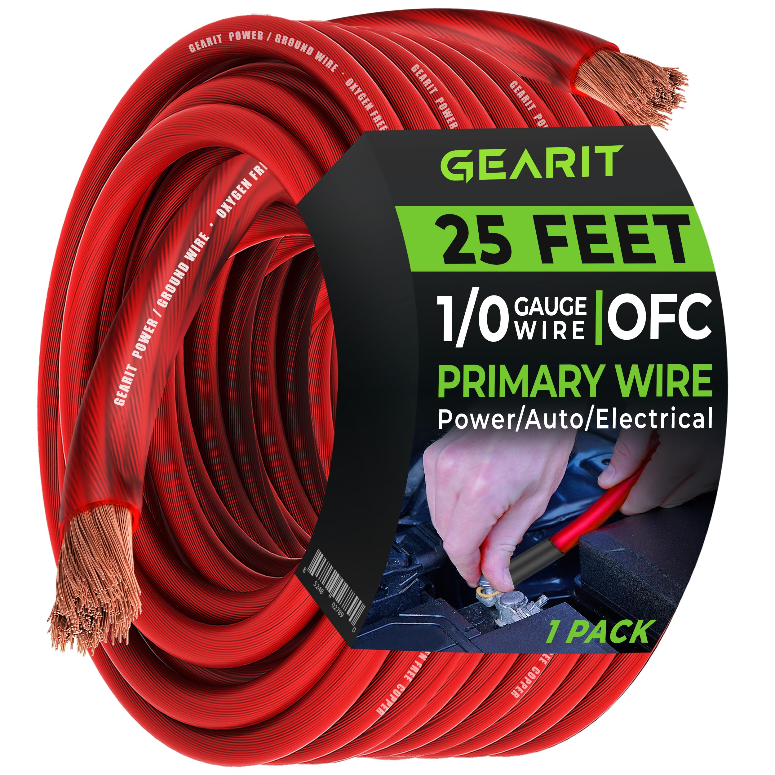 Gearit 1/0 Gauge Wire Oxygen Free Copper Ofc (25Ft   Red Translucent) 0 Awg   Primary Automotive Wire Power/Ground, Battery Cabl
