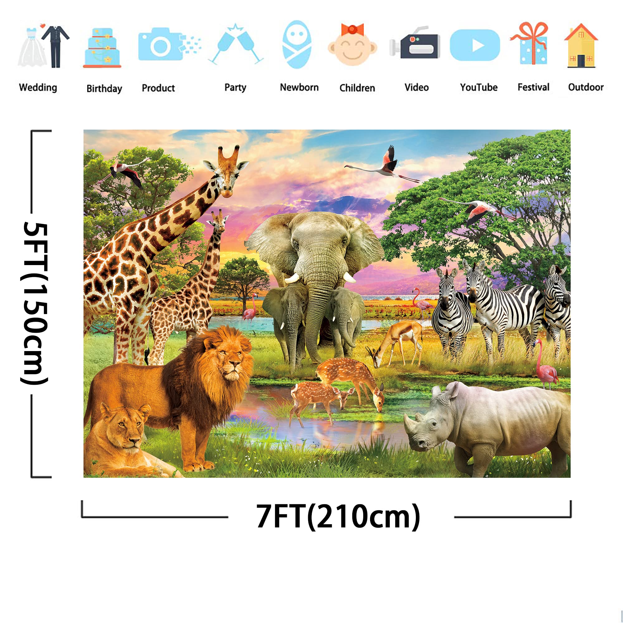Svbright Jungle Backdrop 7Wx5H Safari Background Wildlife Summer Tropical Animal Desert African Scenic For Boy Birthday Party Ba