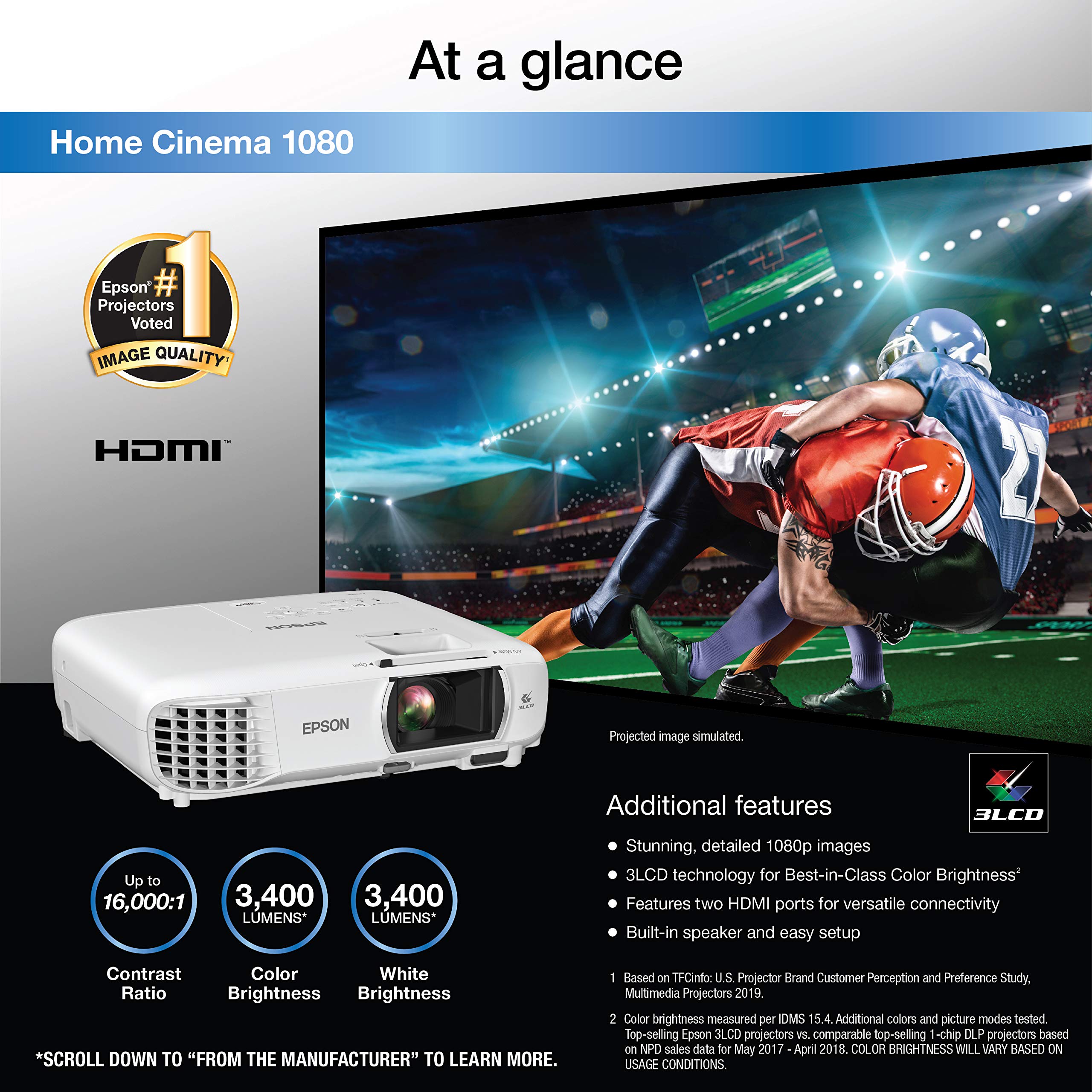Epson Home Cinema 1080 3 Chip 3Lcd 1080P Projector, 3400 Lumens Color & White Brightness, Streaming/Gaming/Home Theater, Built In Speaker, Auto Picture Skew, 16,000:1 Contrast, Dual Hdmi White, Medium