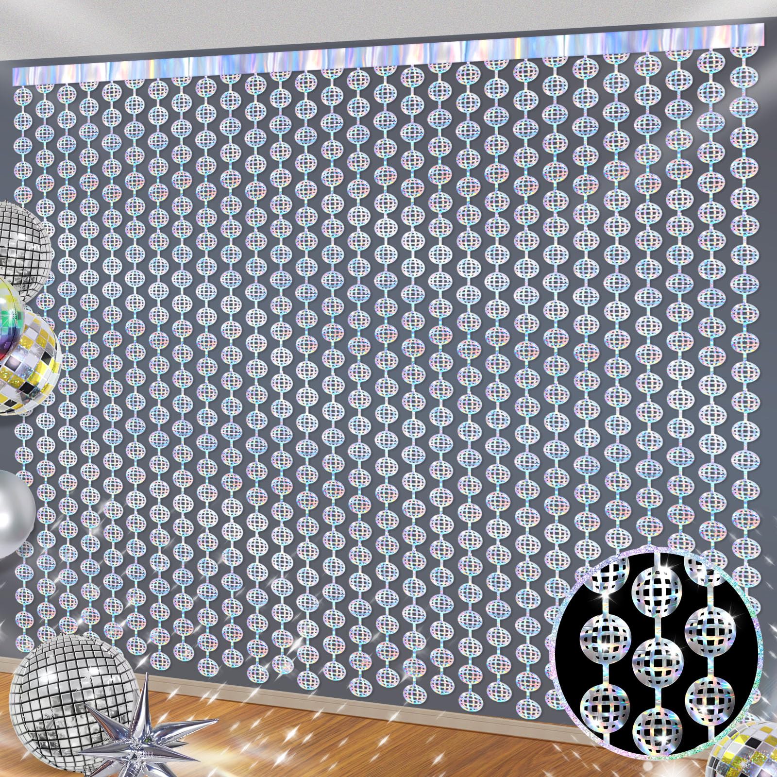 Blosssound 2 Pcs Disco Ball Backdrop 3.3 X 6.6 Ft 70S Party Backdrop Decorations Iridescent Disco Foil Fringe Curtains Disco Par