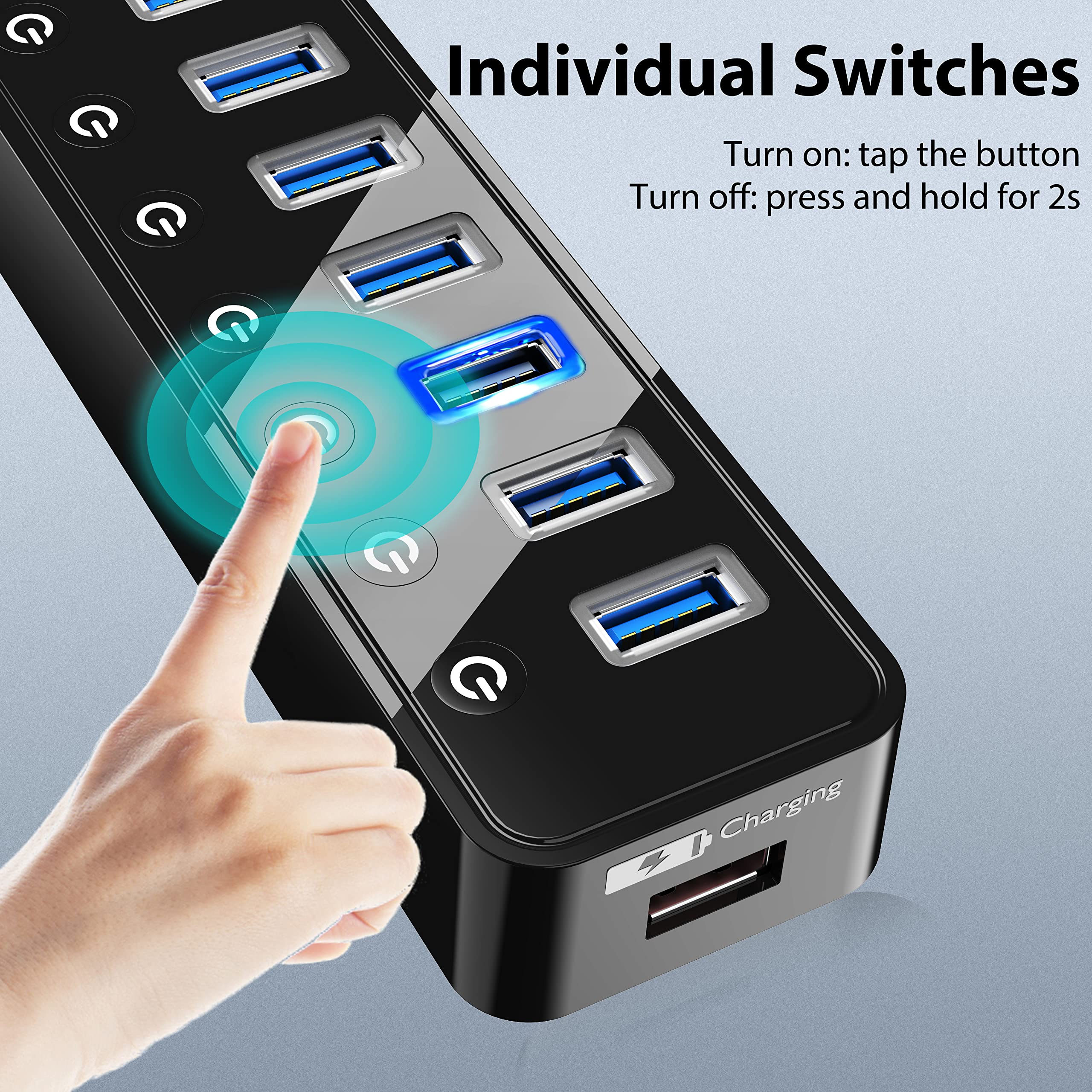 Vantisan Usb Hub 3.0 Powered, 7 Ports Usb Data Hub Splitter With One Smart Charging Port And 5V/4A Powered Adapter And On/Off Sw