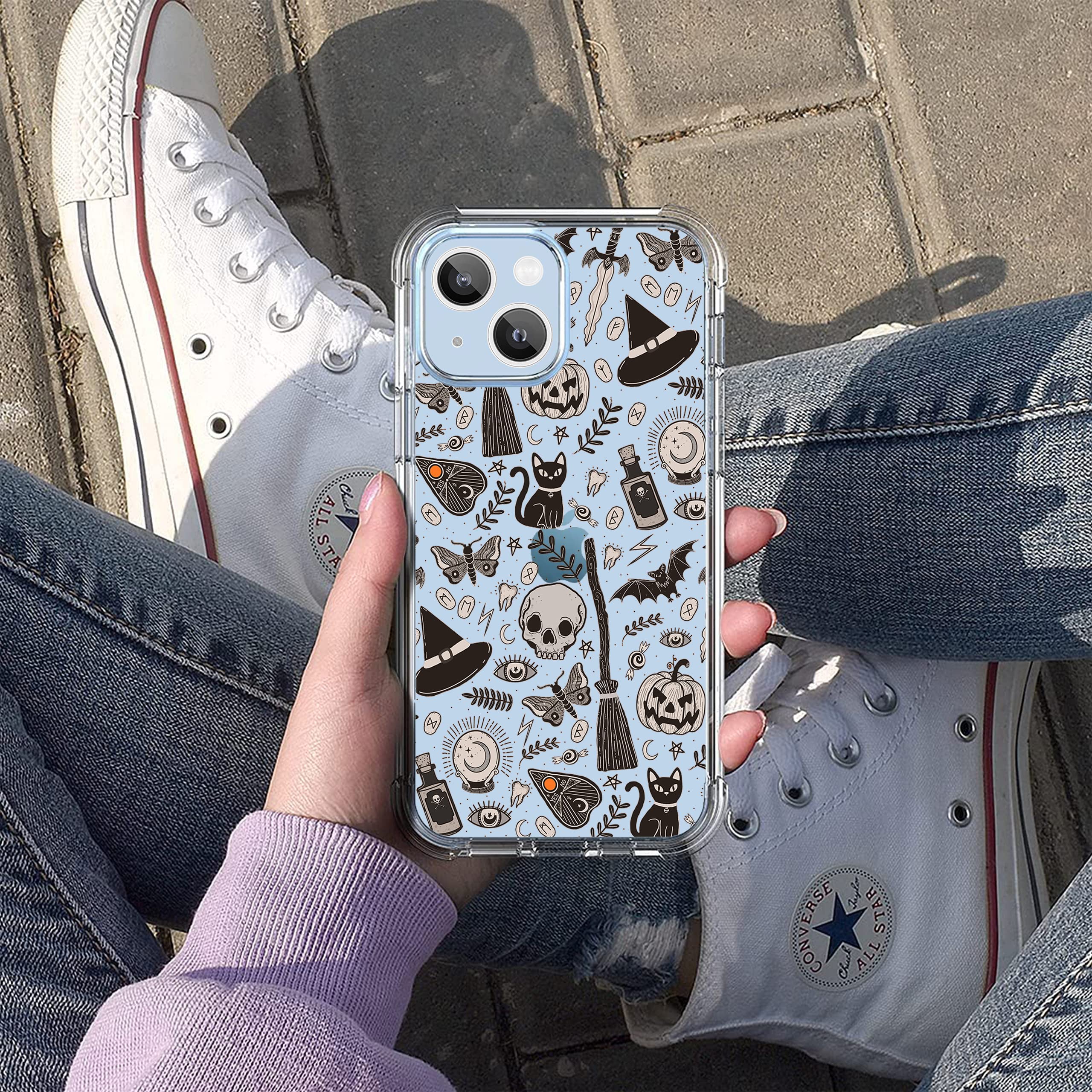 Vesidurt Black Halloween Clear Case For Iphone 13,Pumpkin Skull Bat Pattern For Men Women,Trendy Transparent Soft Tpu Bumper Cas