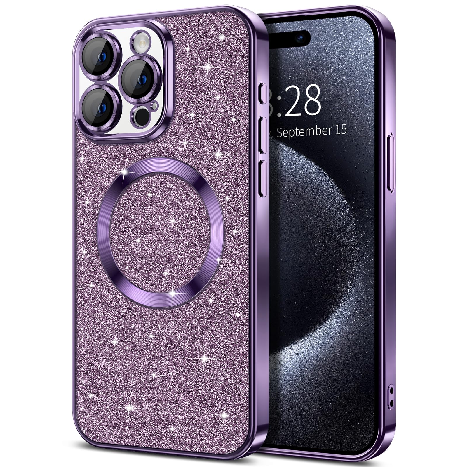 Hython For Iphone 15 Pro Max Case Glitter, Clear Magnetic Phone Cases With Camera Lens Protector [Compatible With Magsafe] Bling