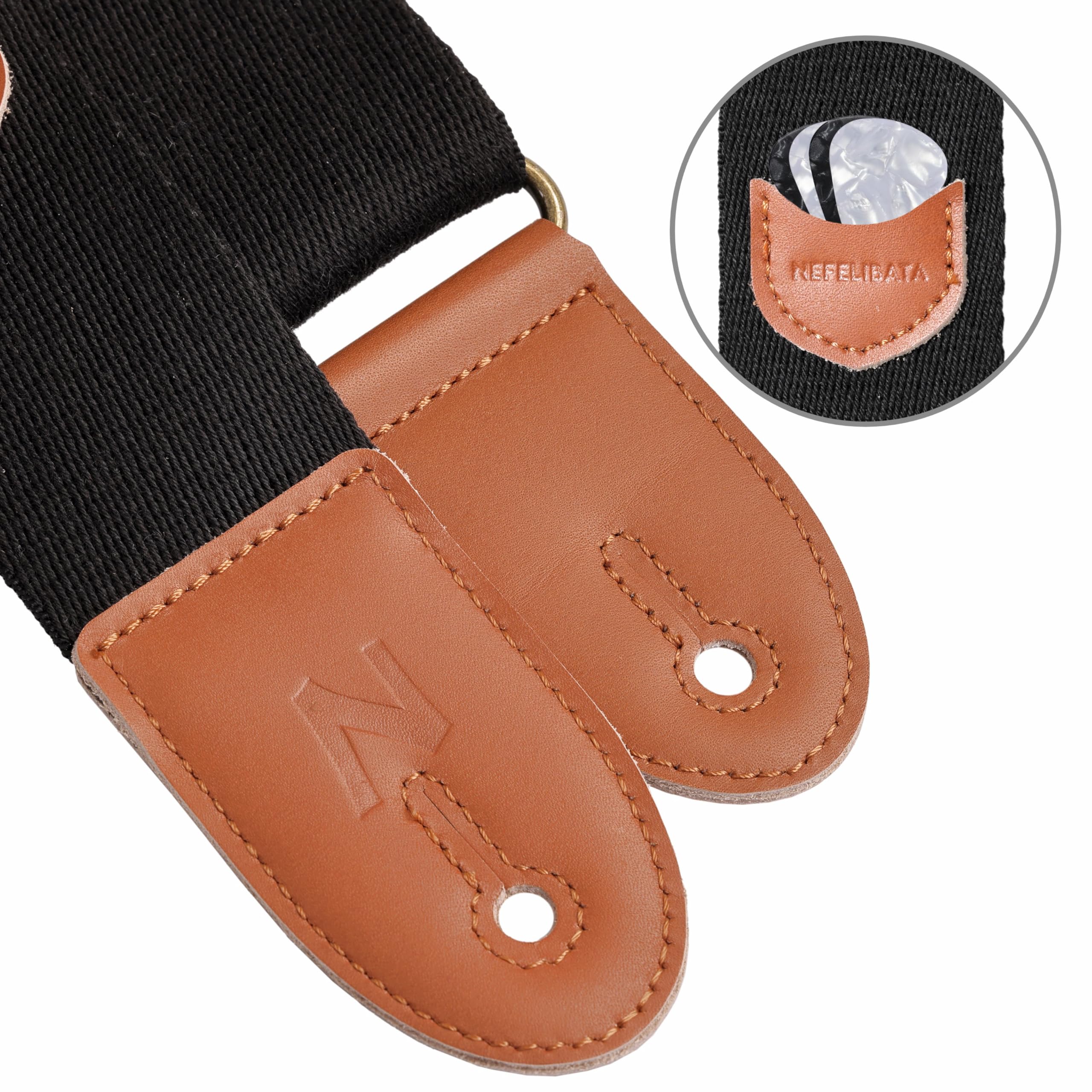 Nefelibata Guitar Strap, 100% Cotton Full Grain Leather Ends Guitar Straps With Pick Pocket For Bass, Electric & Acoustic Guitar
