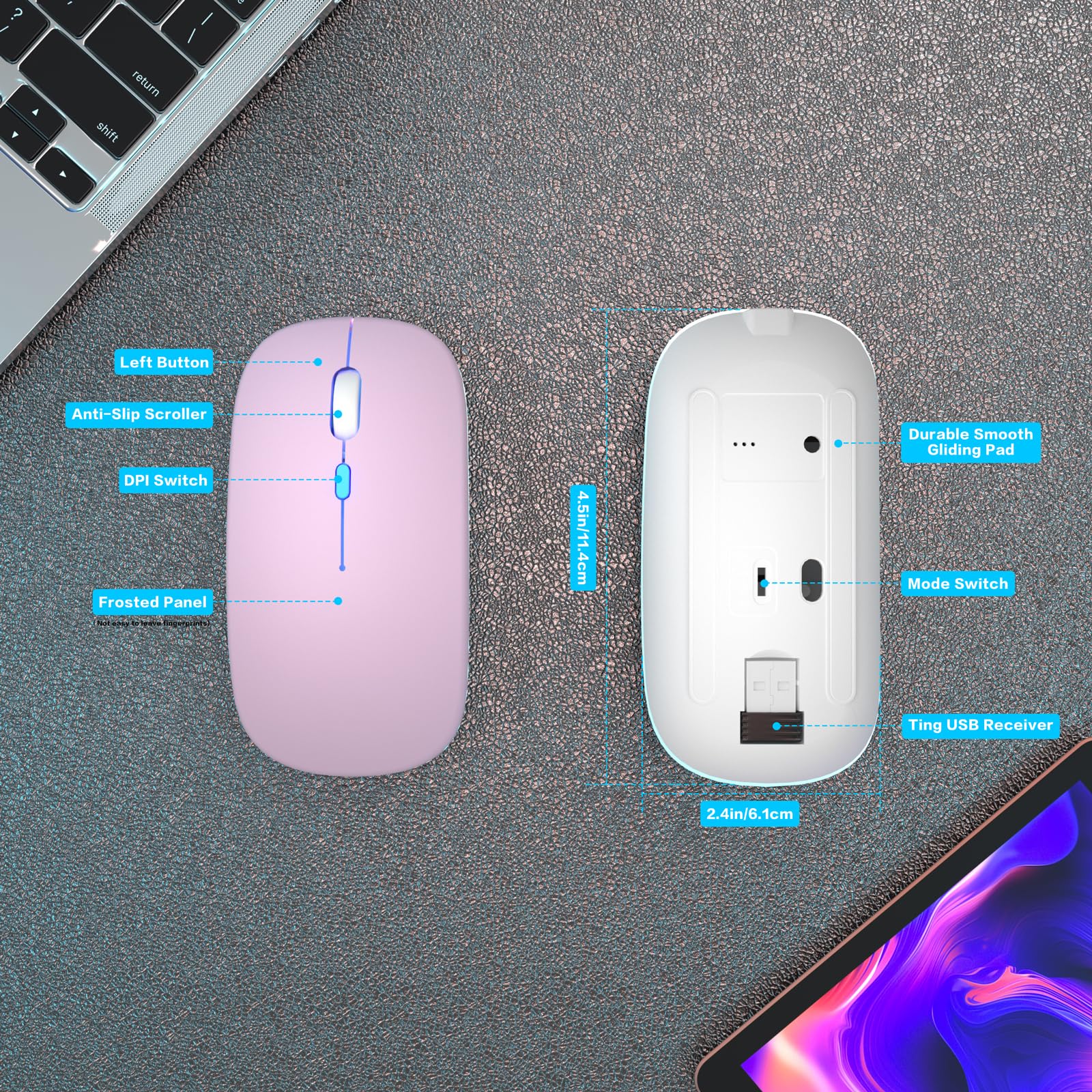 Aikokok Wireless Bluetooth Mouse,Led Rechargeable Laptop Mouse.Portable Computer Mice Use(Bt5.2 And Usb 2.4G) Dual Mode Connecti
