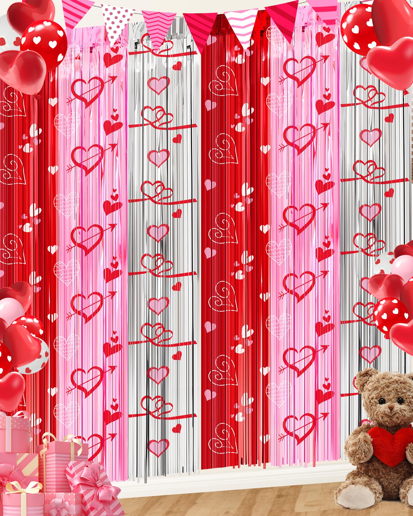 Valentines Day Decorations Foil Fringe Curtains For Party, 2 Pack 3.3 X 6.6 Ft Galentines Day Decorations Red Pink Silver Tinsel