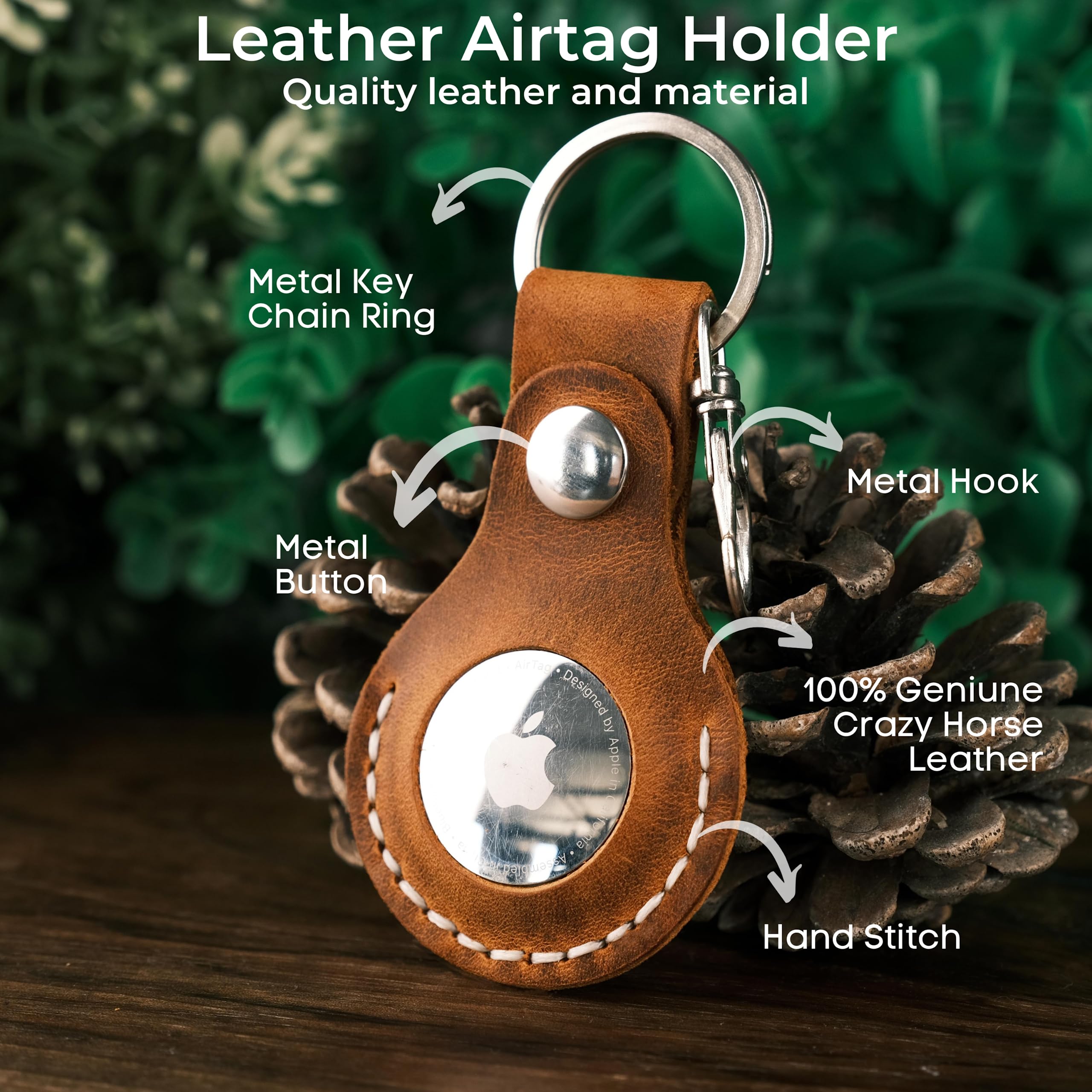 Toprank Leather Keychain Holder For Airtag - Handmade Genuine Crazy Horse Leather Case (Camel)
