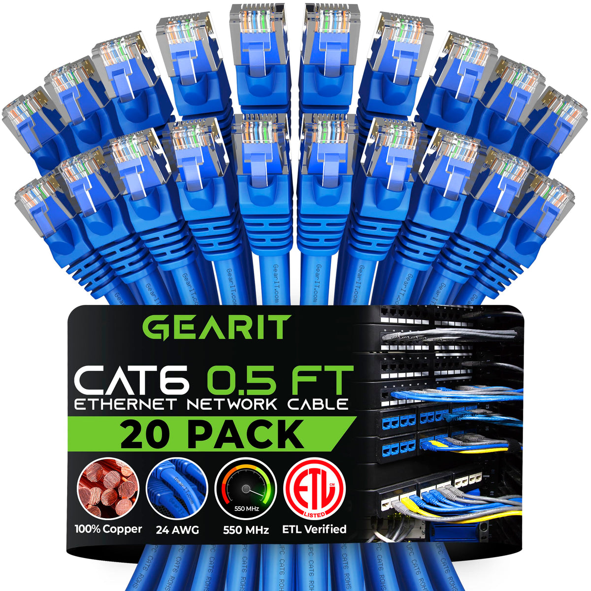 Gearit Cat 6 Ethernet Cable 0.5 Ft 6 Inch (20 Pack)   Cat6 Patch Cable, Cat 6 Patch Cable, Cat6 Cable, Cat 6 Cable, Cat6 Etherne