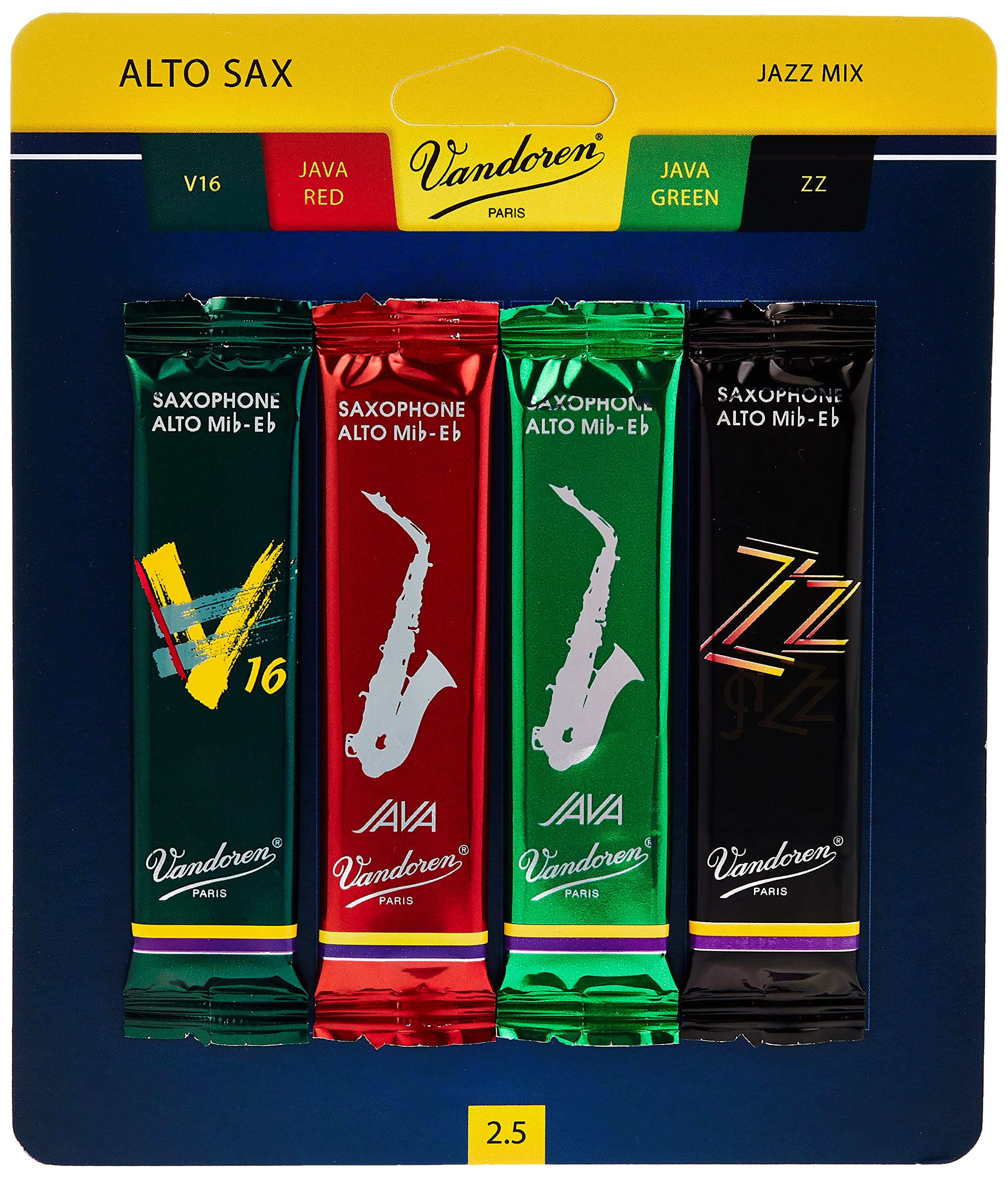 Vandoren Srmixa25 Alto Sax Jazz Reed Mix Card Includes 1 Each Zz, V16, Java And Java Red Strength 2.5